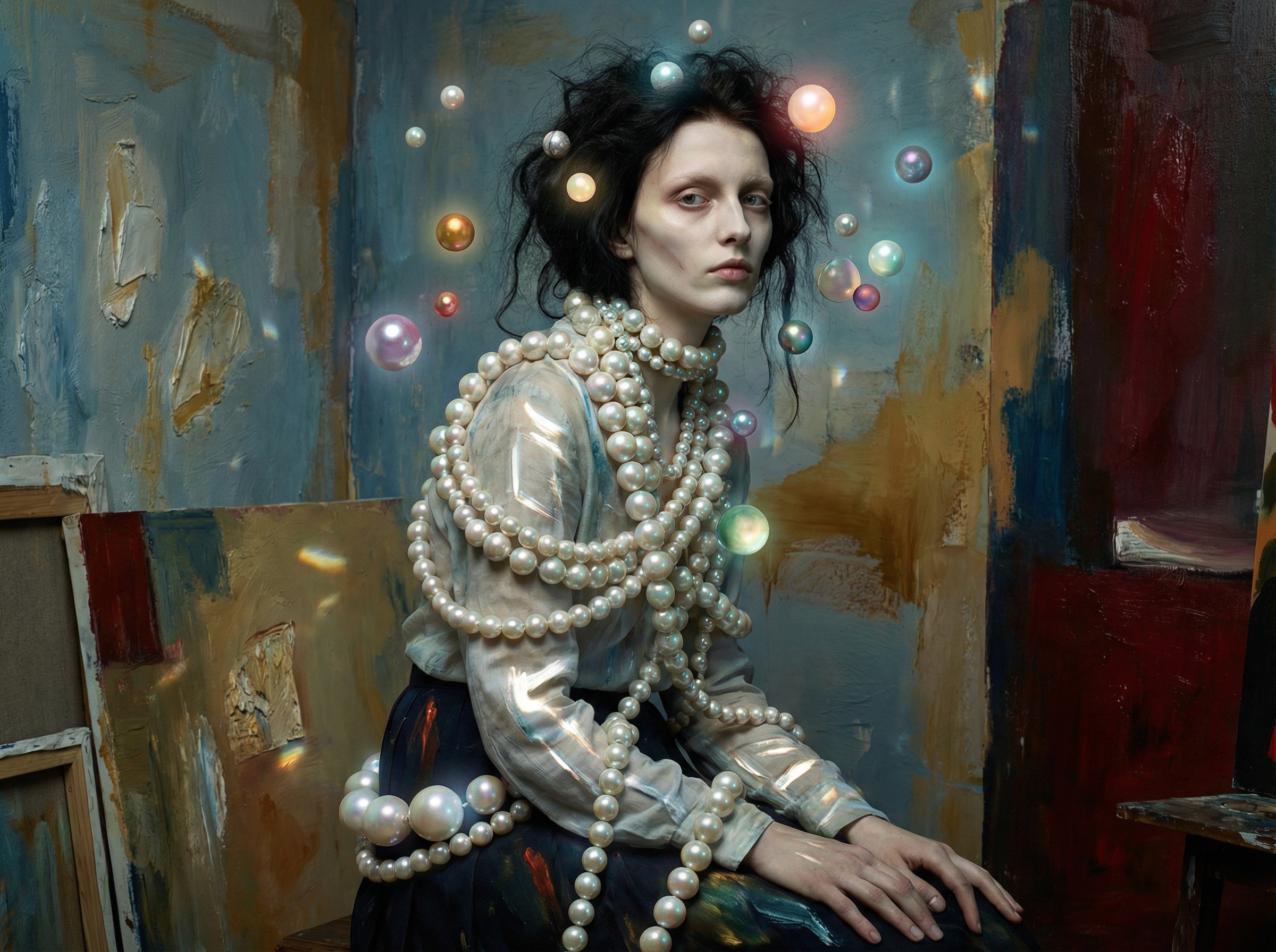 Pale Woman Surrounded by Ethereal Orbs and Pearls