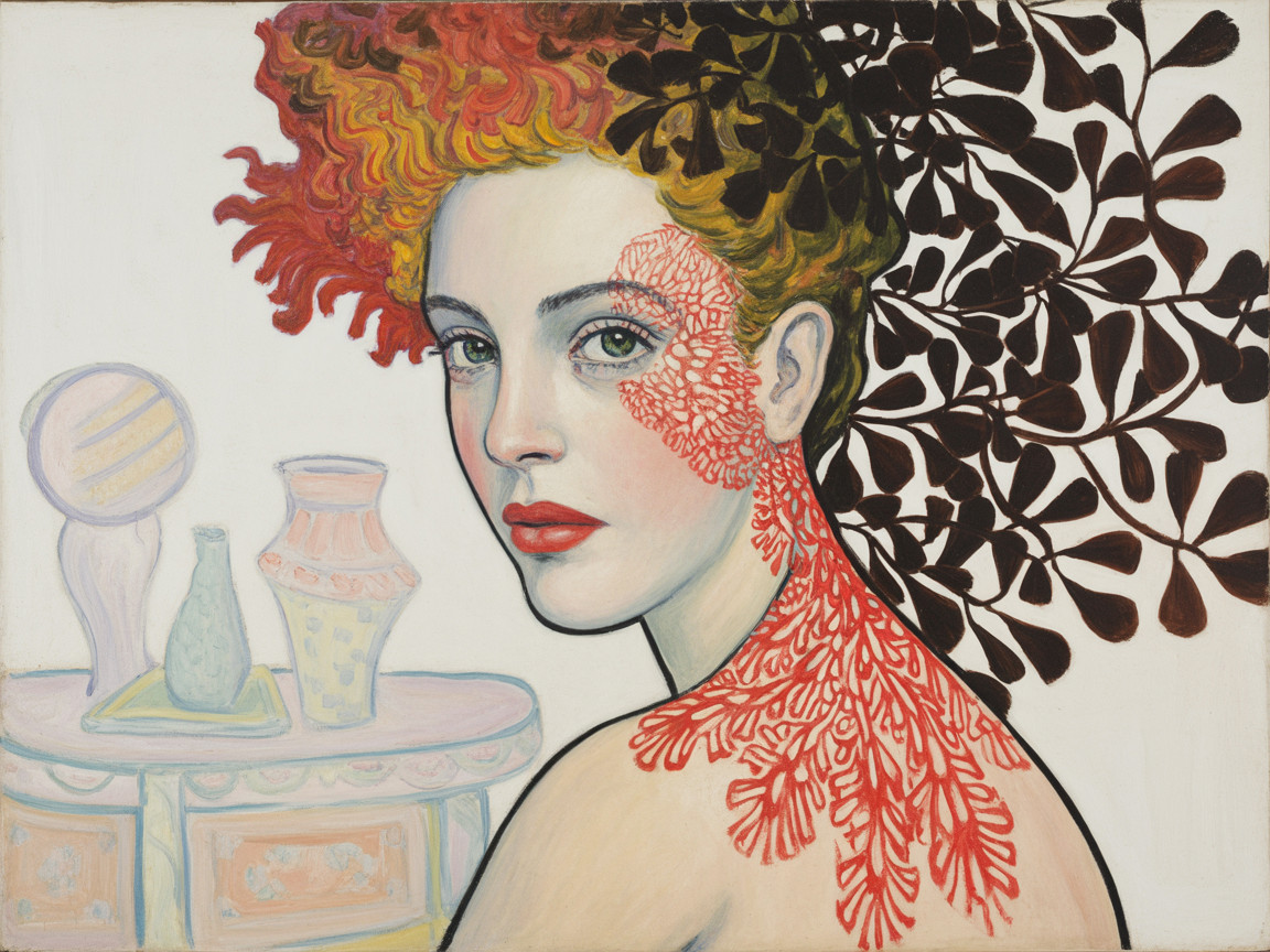 Portrait of a woman with red hair and lace patterns