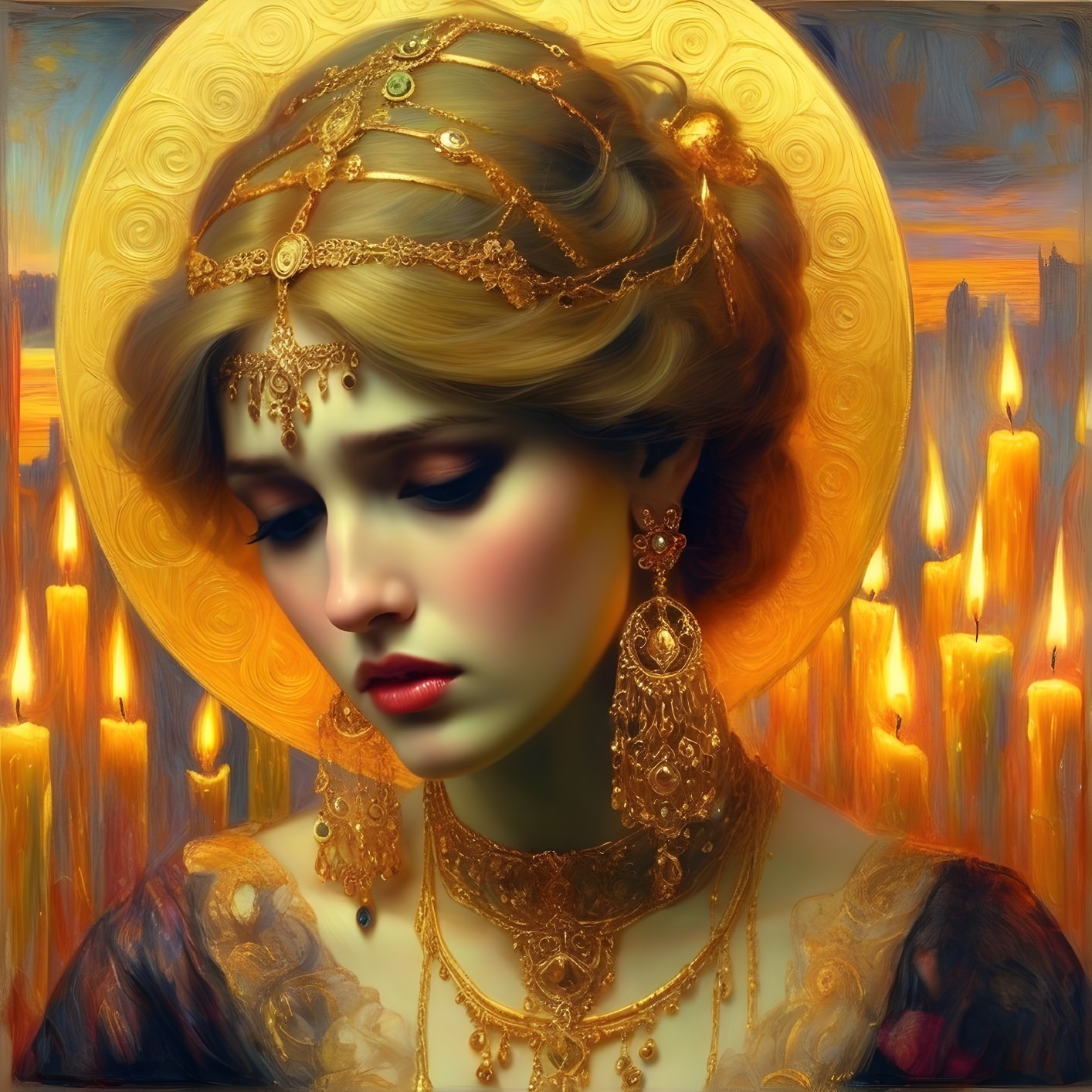 Illustration of a woman with golden head jewelry and candles