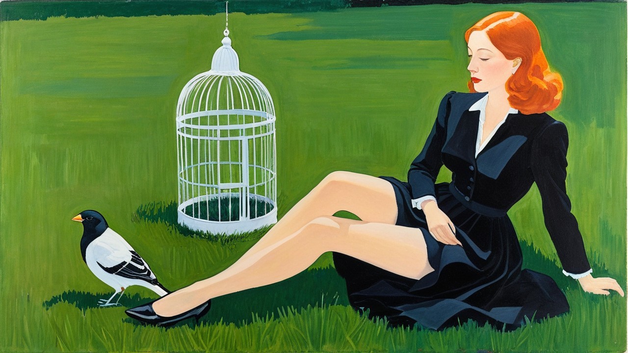 Elegant Woman in Black Suit on Green Grass