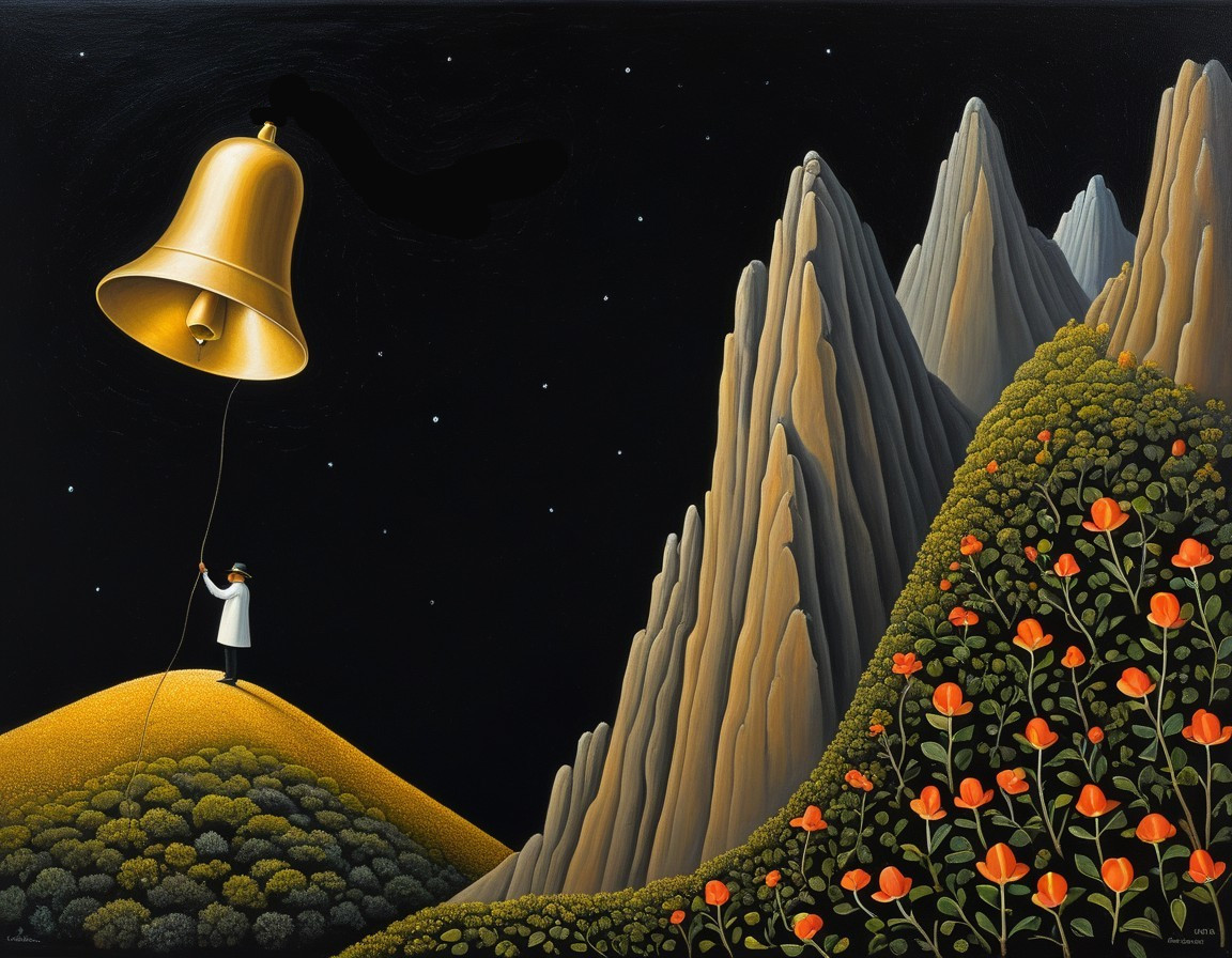 Surreal Landscape with Golden Bell and Night Sky