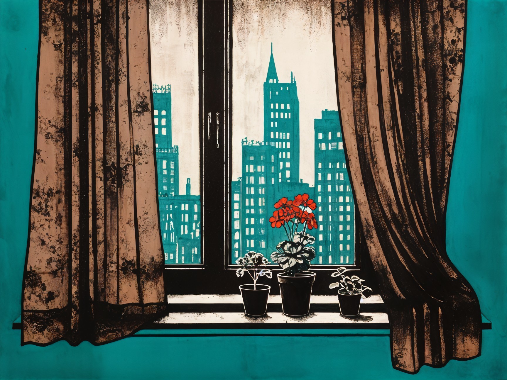 Stylized Window with Cityscape and Vibrant Plants