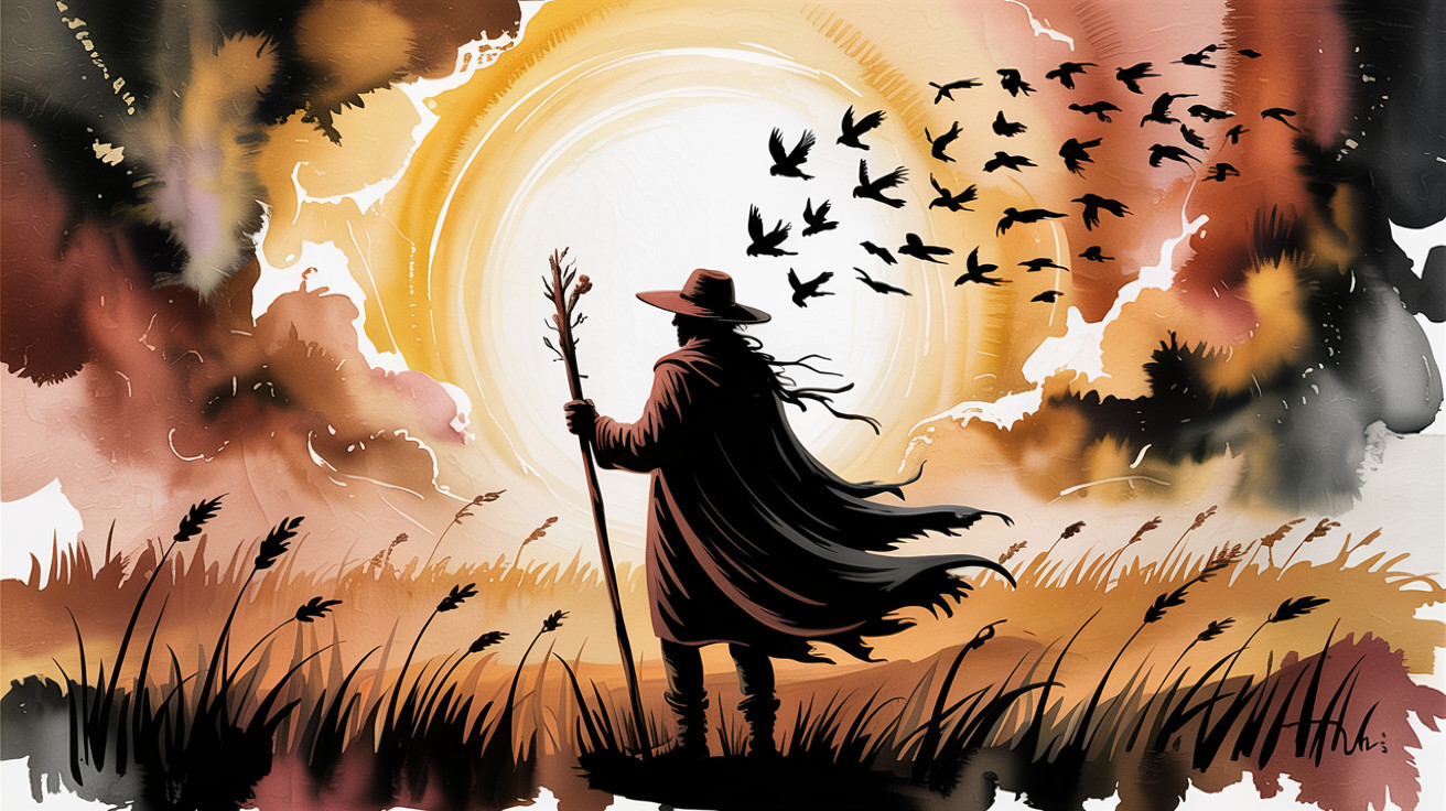 Silhouetted Figure with Staff Against Vibrant Sunset