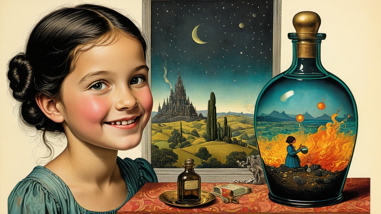 Surreal Landscape with Girl and Enchanted Bottles