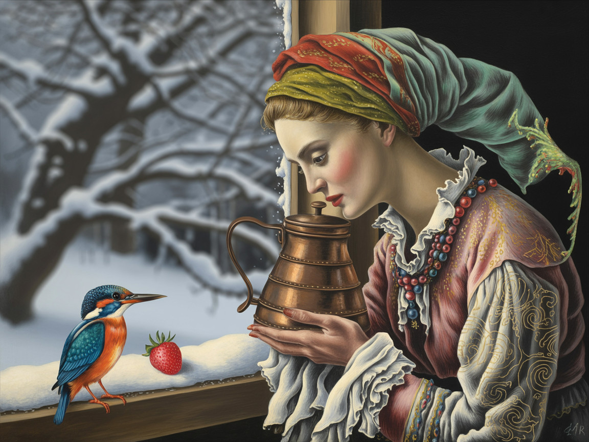 Woman in traditional attire with copper jug in winter