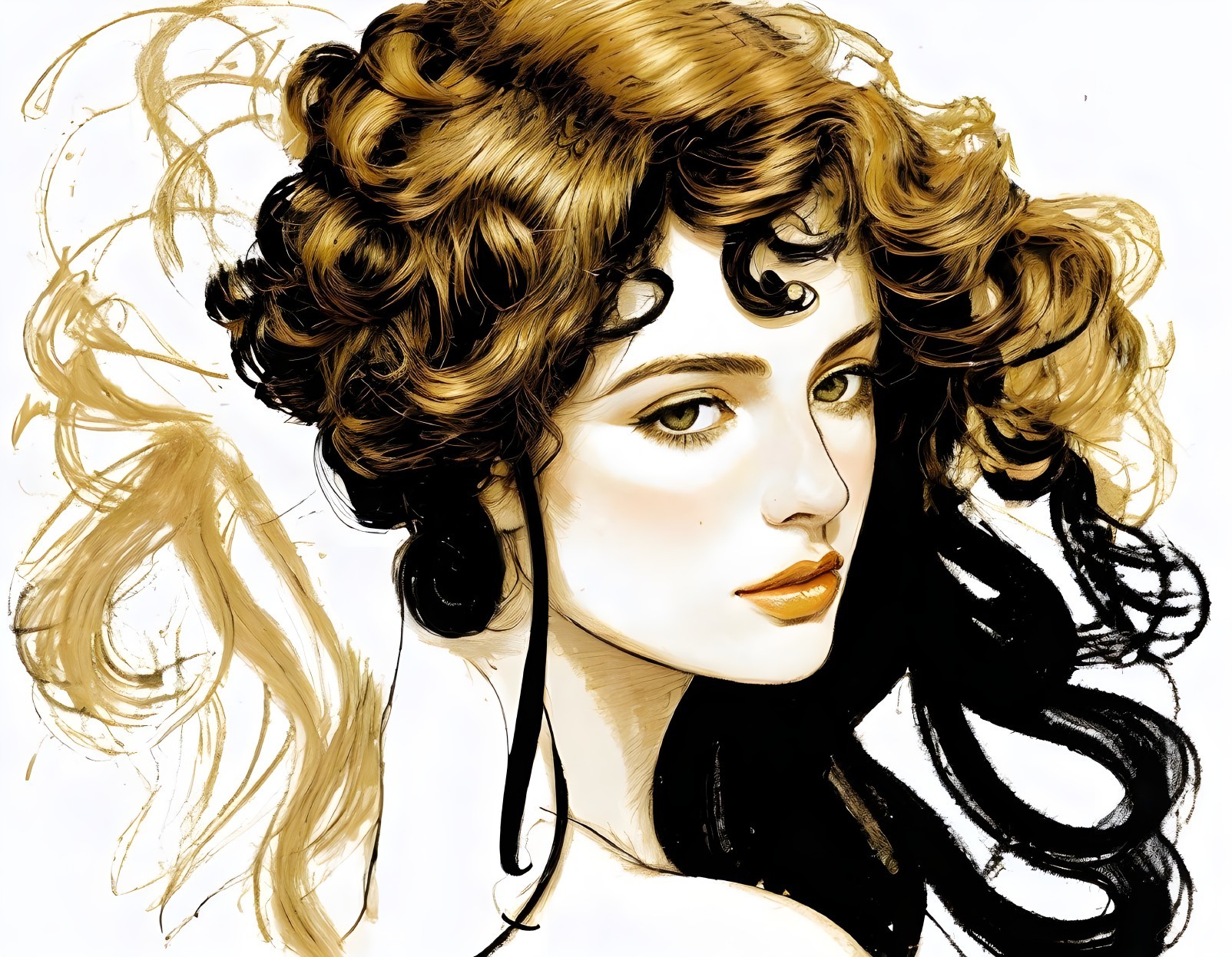 Portrait of a Woman with Flowing Brown and Black Hair