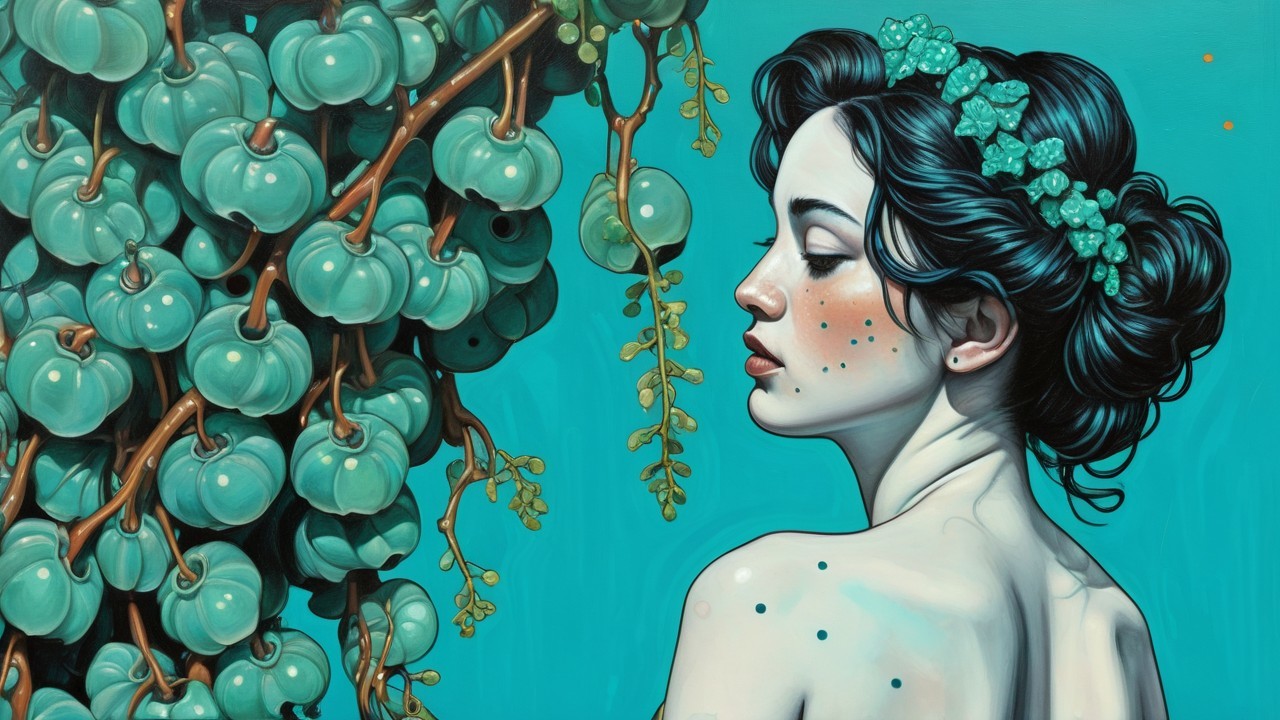 Profile of a Woman with Floral Crown and Grapes