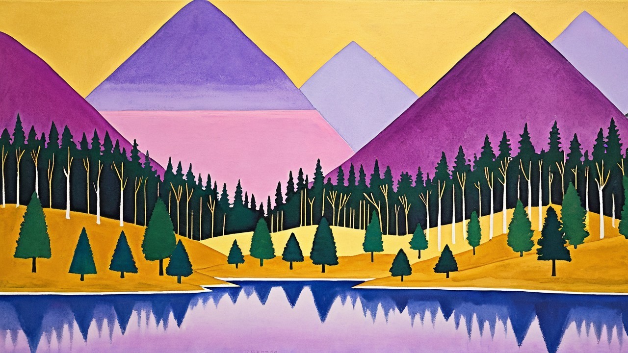 Vibrant Landscape with Purple Mountains and Golden Sky