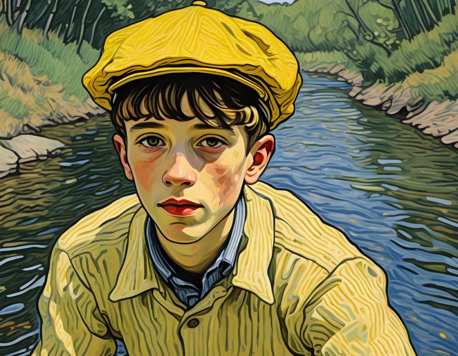 Young Boy in Yellow Cap by Tranquil River Scene