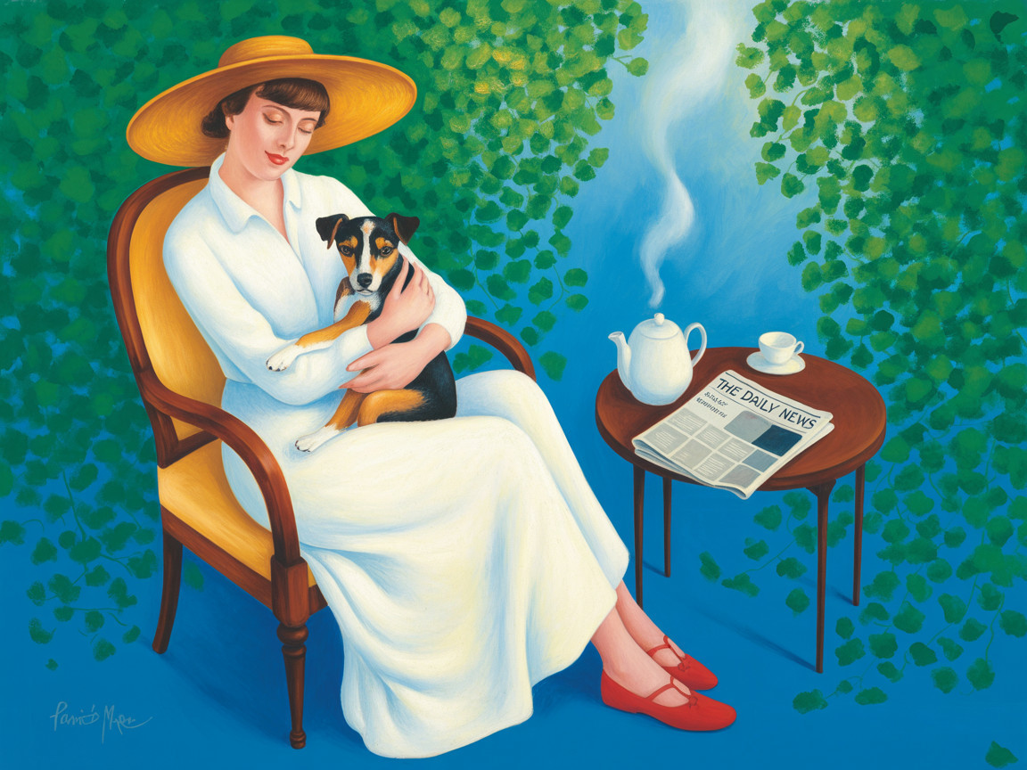 Serene Woman in Hat with Dog in Lush Green Setting