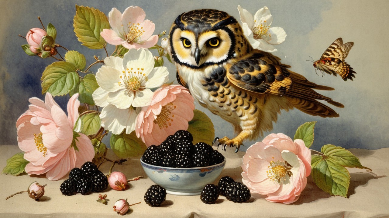 Still Life with Owl, Blackberries, and Blossoms