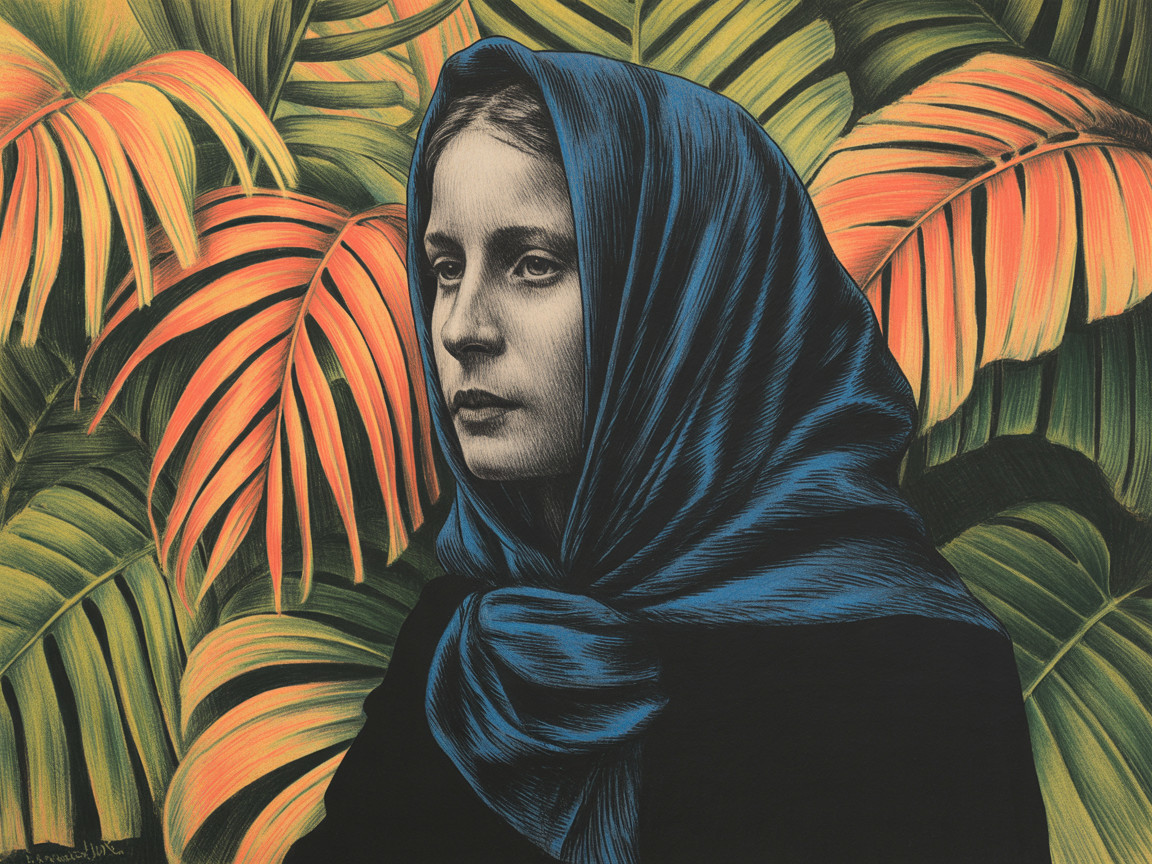 Young Woman in Blue Scarf Amid Tropical Foliage