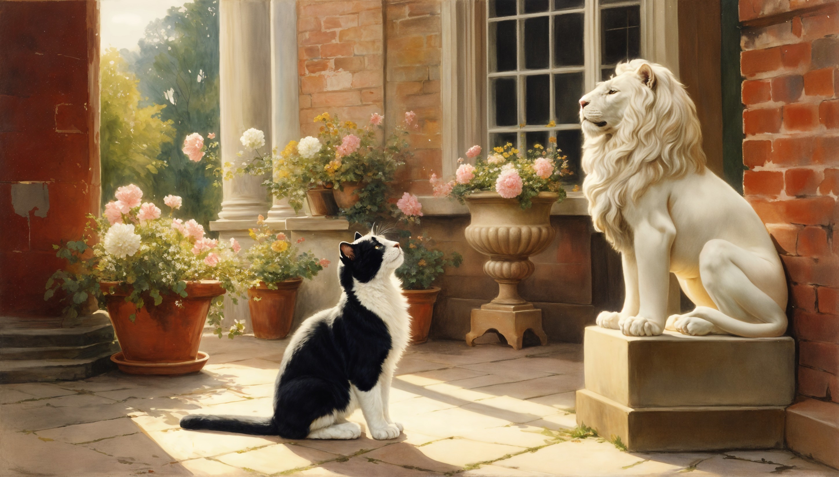Tuxedo Cat on Patio with Lion Statue and Plants