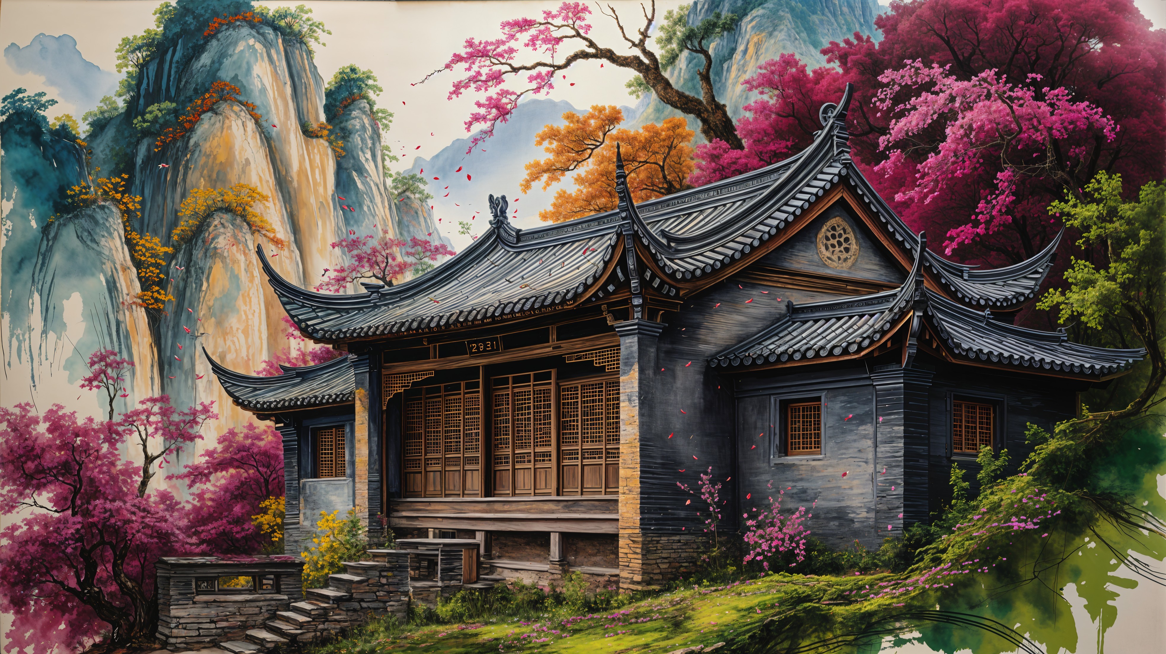 Traditional Asian Architecture Surrounded by Blossoms