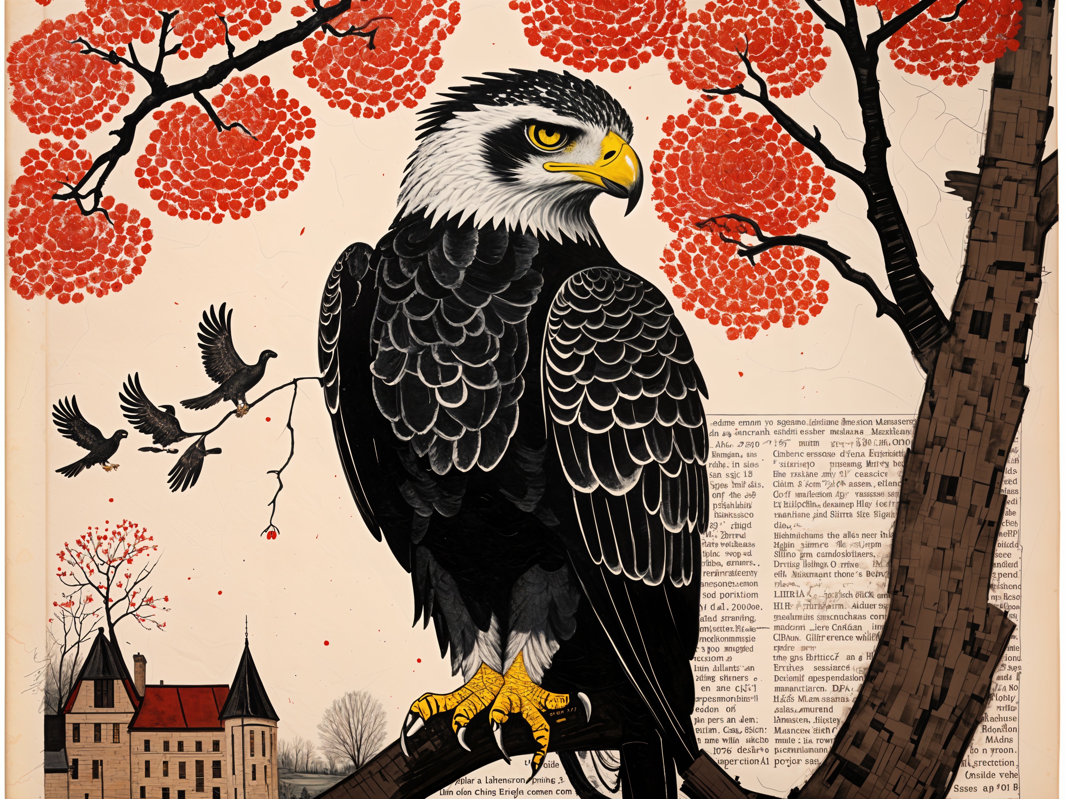 Black and white eagle on branch with autumn scenery