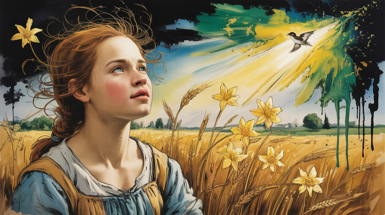 Young woman in wheat field with vibrant sky and flowers