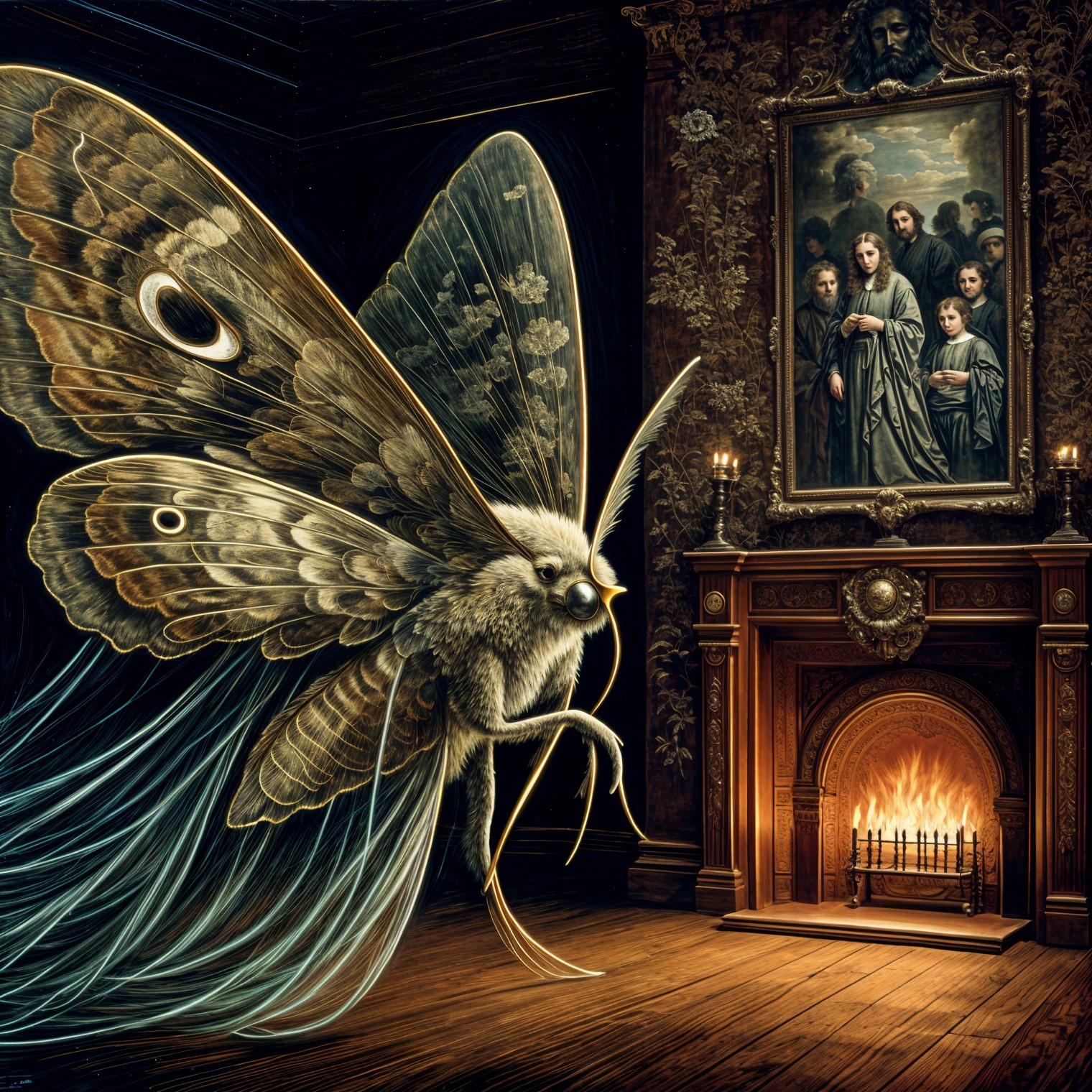Giant Moth in a Dimly Lit Room with Rich Textures