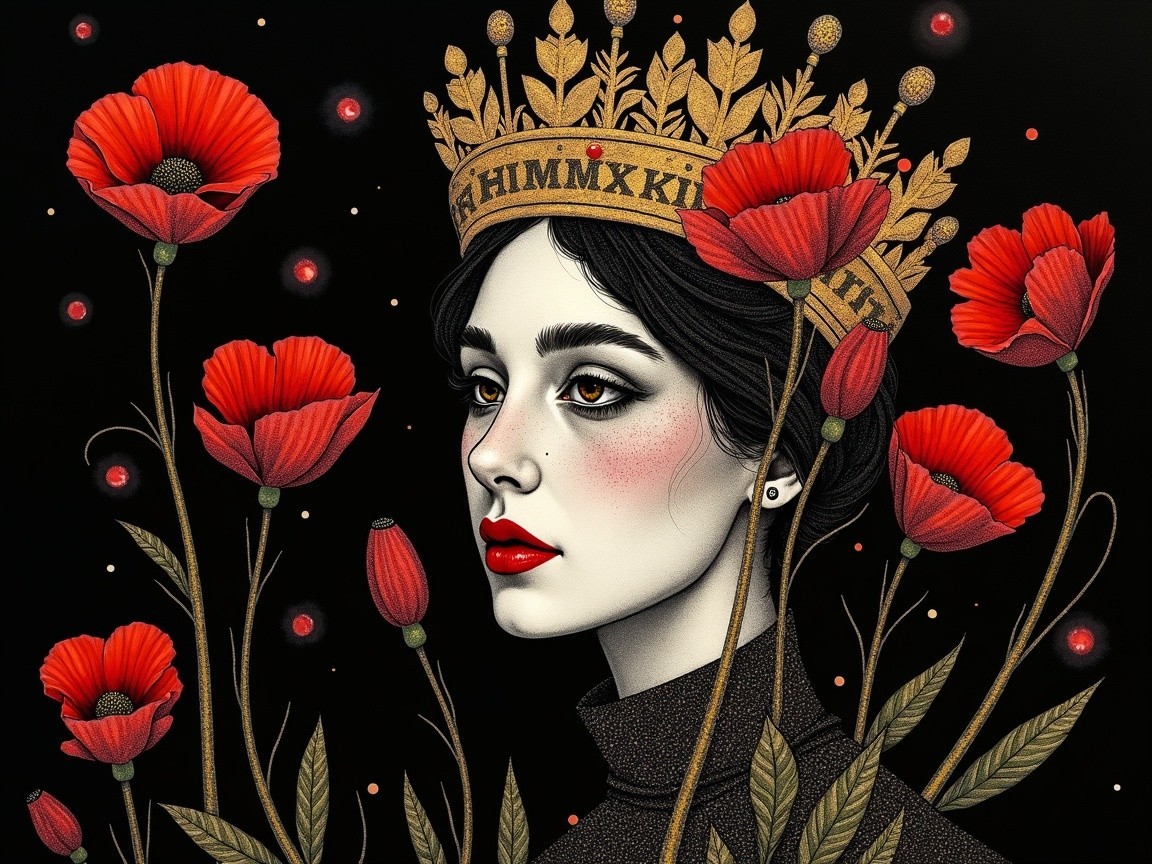 Woman with Golden Crown Surrounded by Poppies