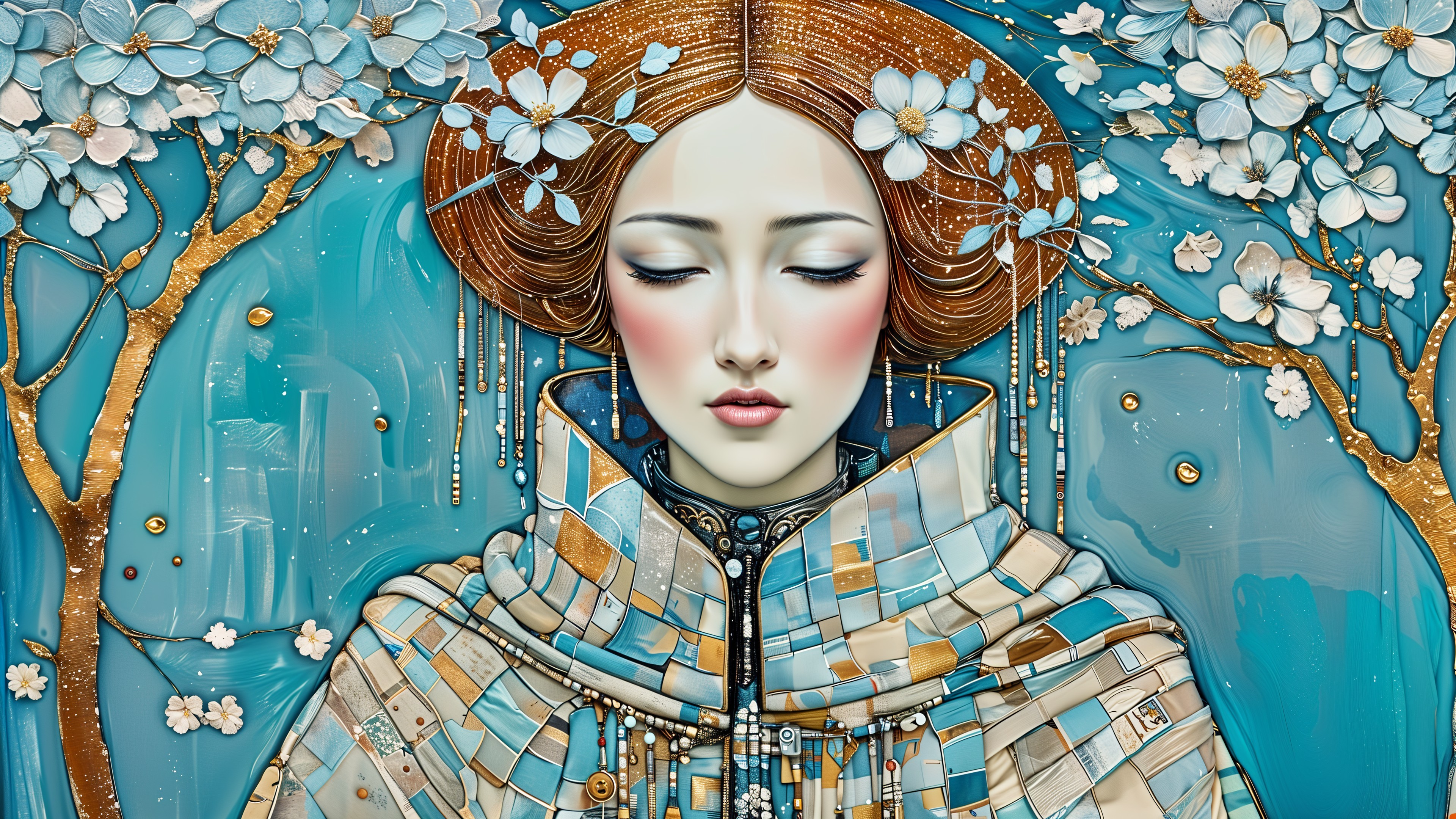 Serene woman with intricate hair and floral adornments