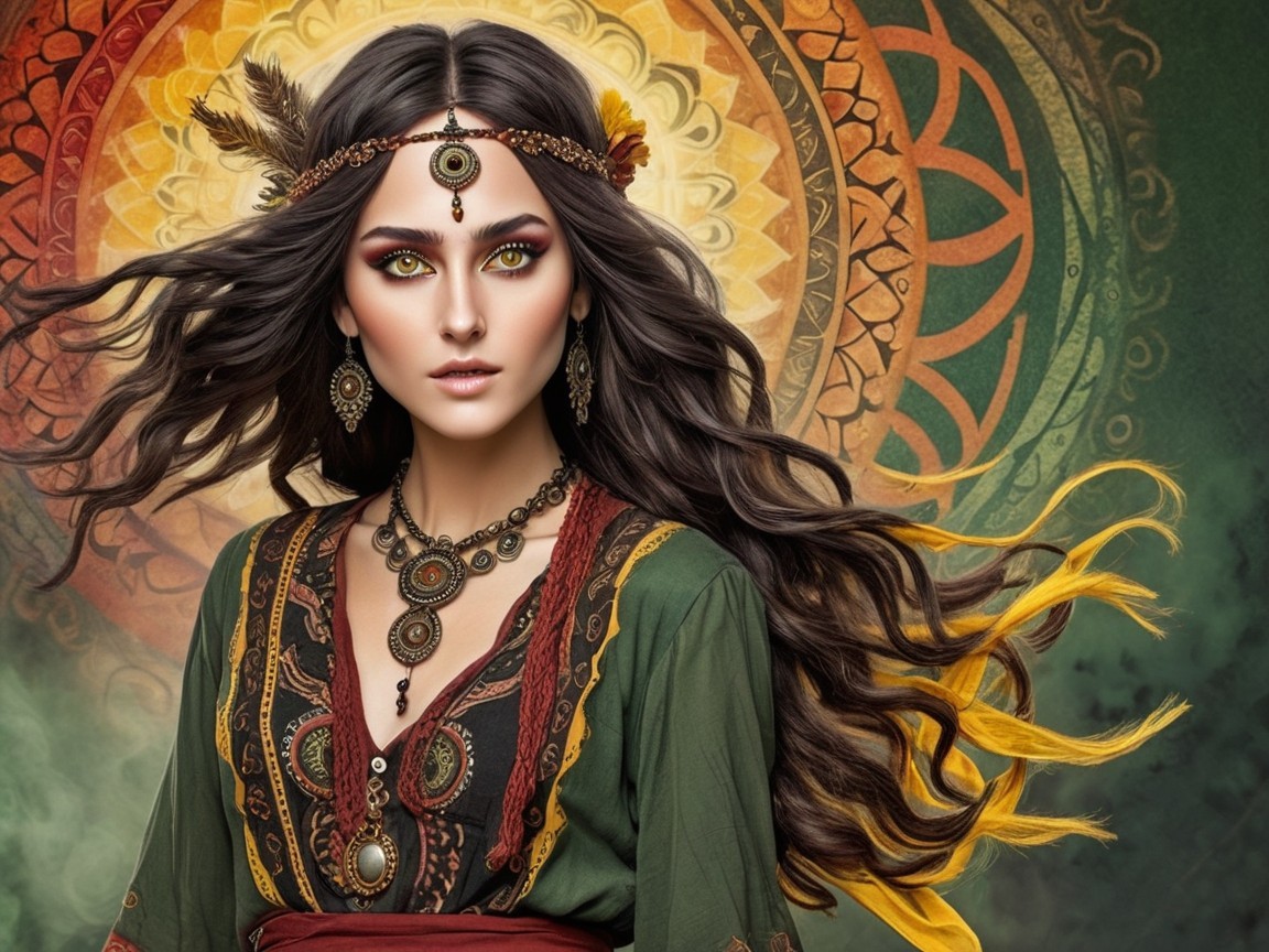Young Woman with Flowing Hair and Vibrant Background