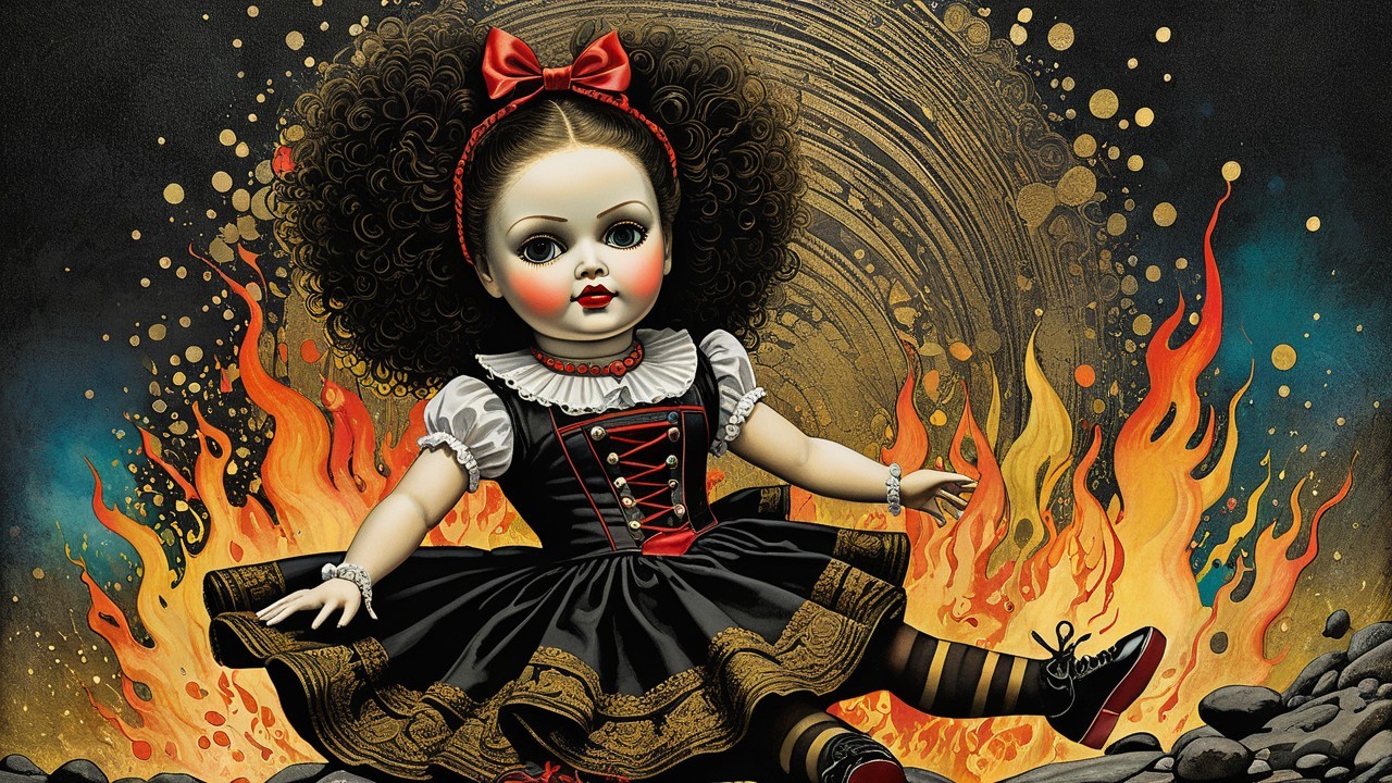 Doll in Vintage Dress Surrounded by Vivid Flames
