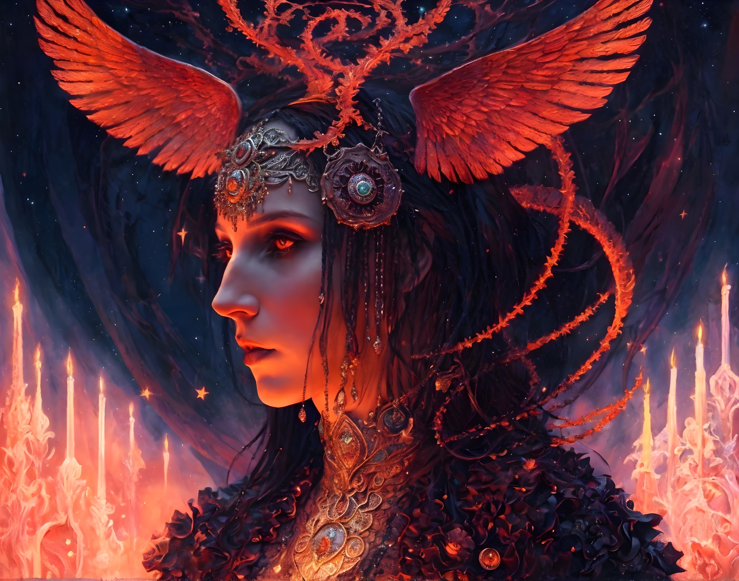 Fantasy illustration of a person in ornate headgear and dark armor against fiery backdrop