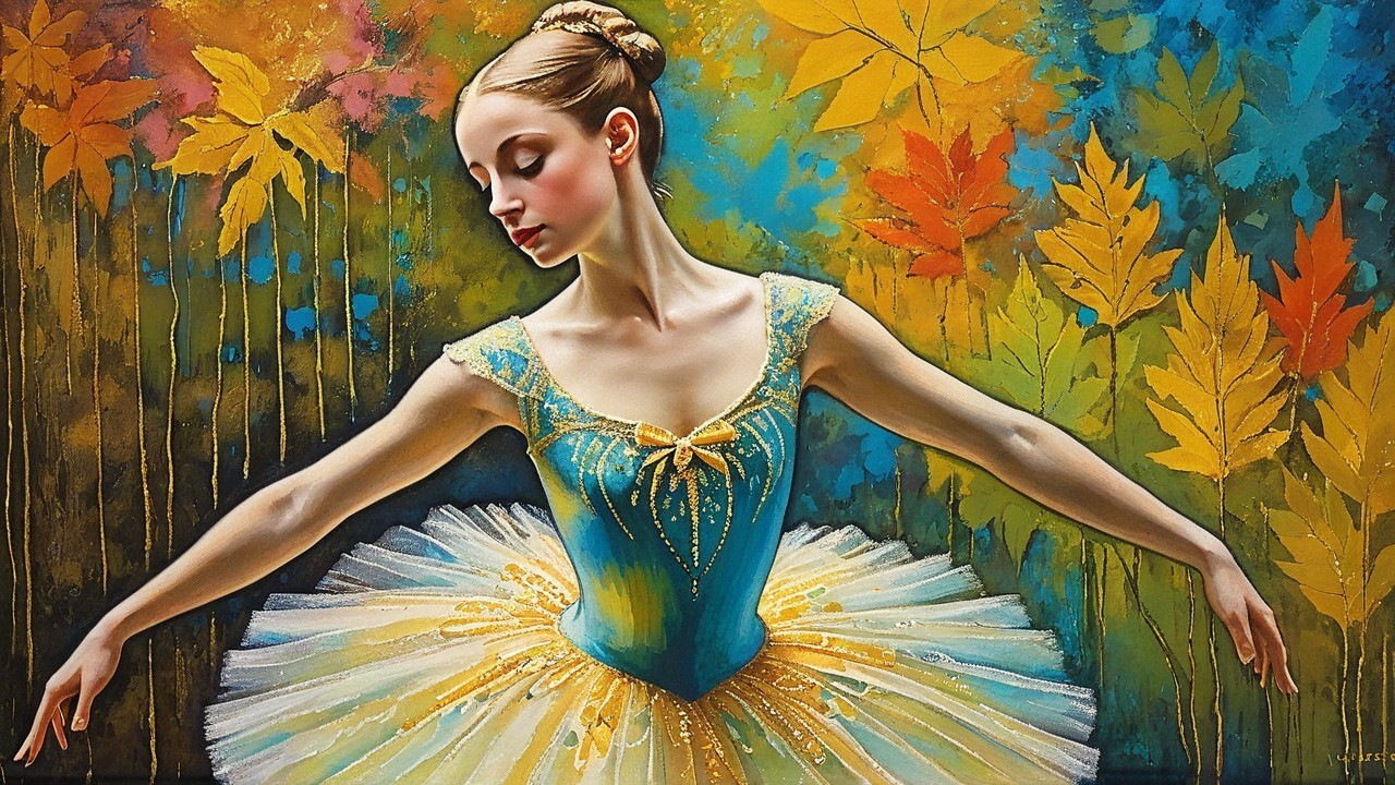Ballerina Posing Elegantly Amid Autumn Leaves