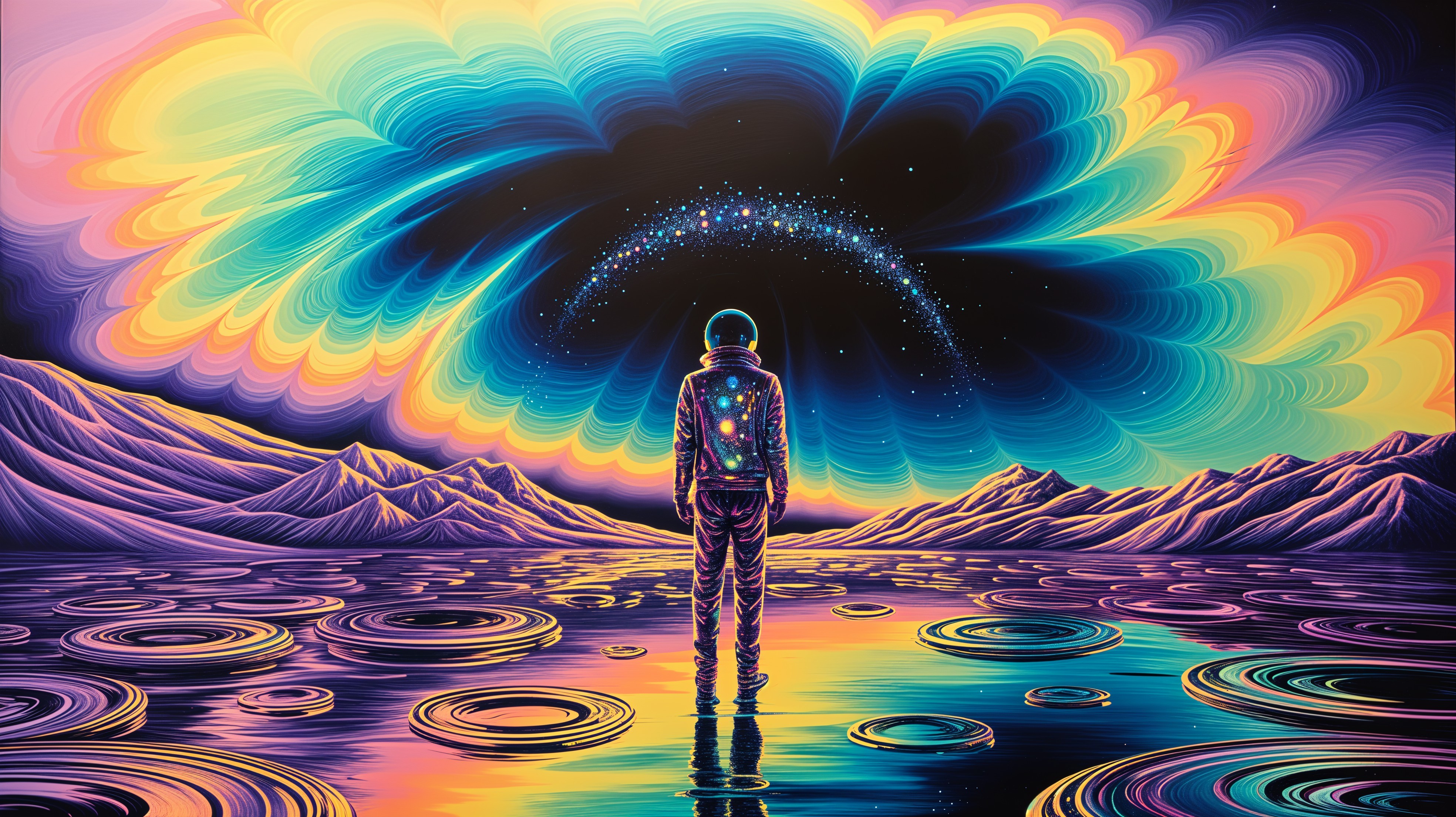 Surreal Astronaut in Colorful Cosmic Landscape