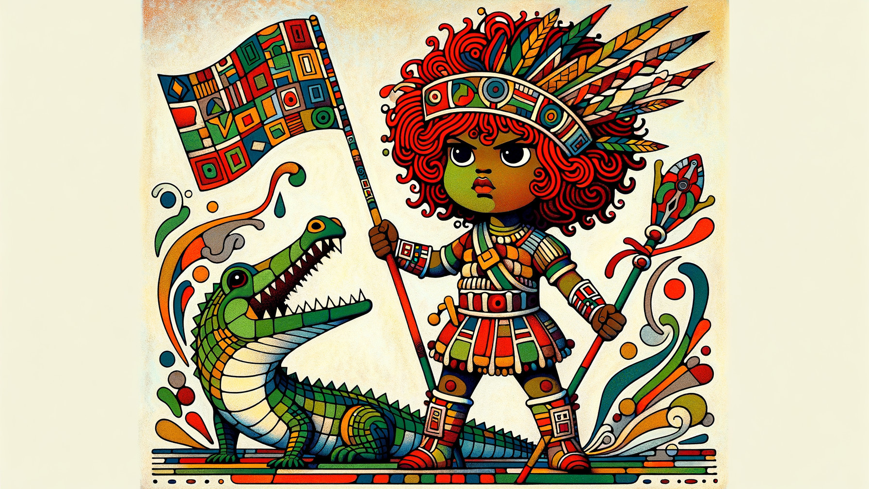 Vibrant Illustration of a Warrior Girl and Crocodile