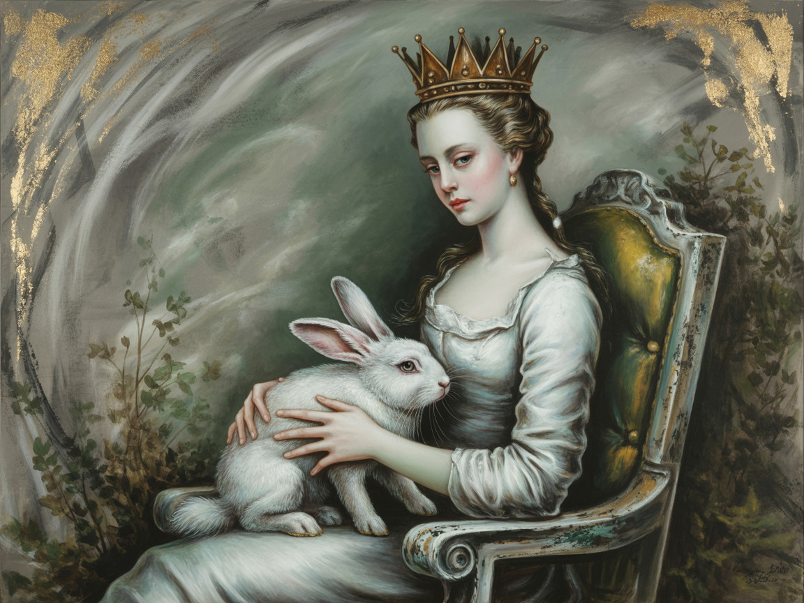 Regal Figure in White Gown with Rabbit on Chair
