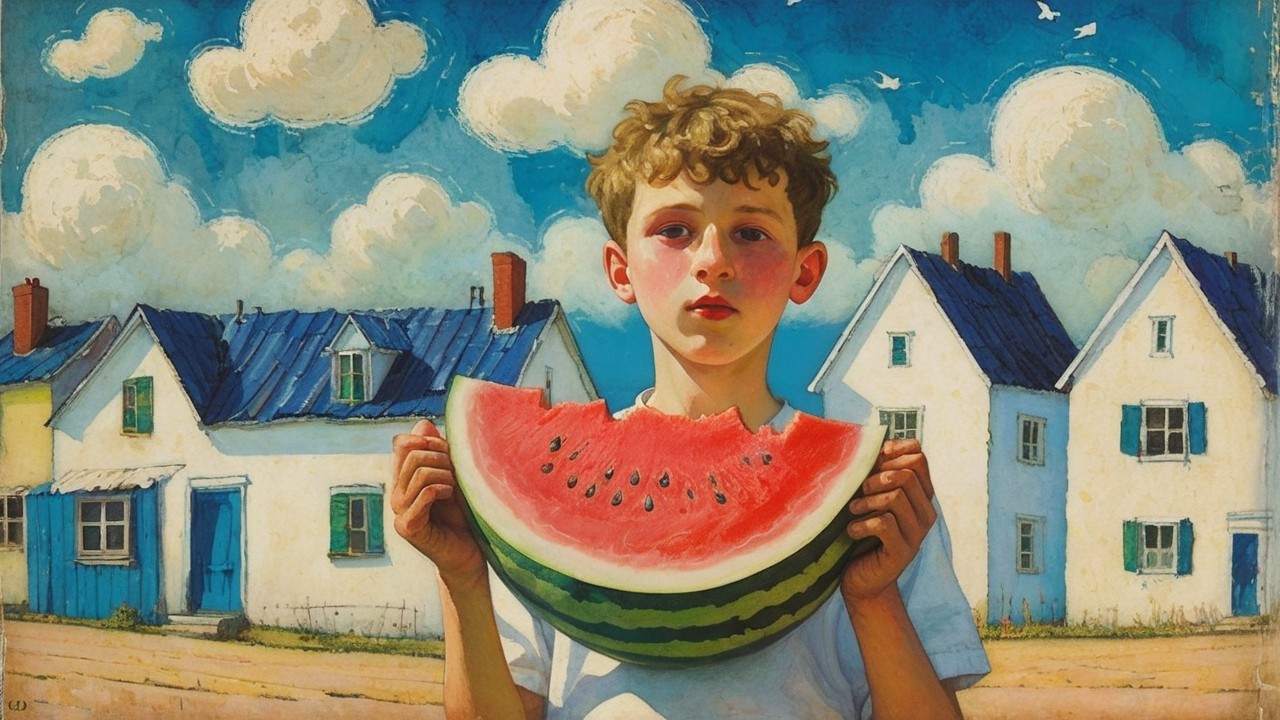Young boy with watermelon in summer scenery