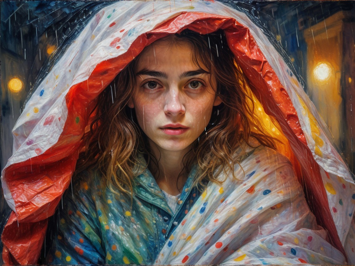Young woman in polka-dotted plastic sheet with raindrops