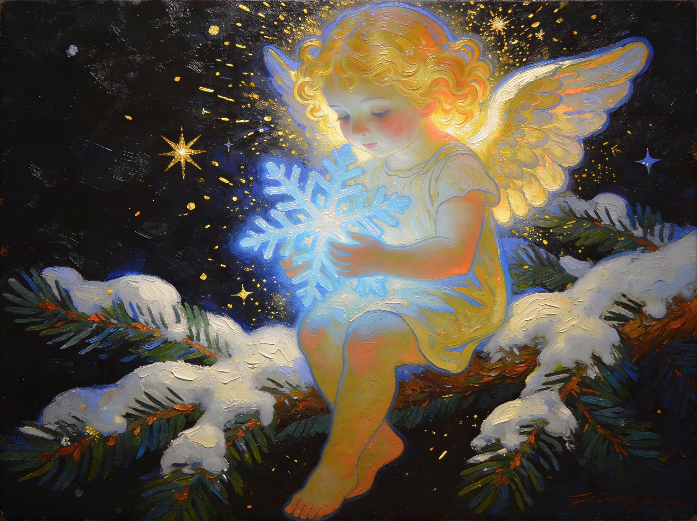 Glowing Oil Painting of a Baby Angel in Snowy Scene