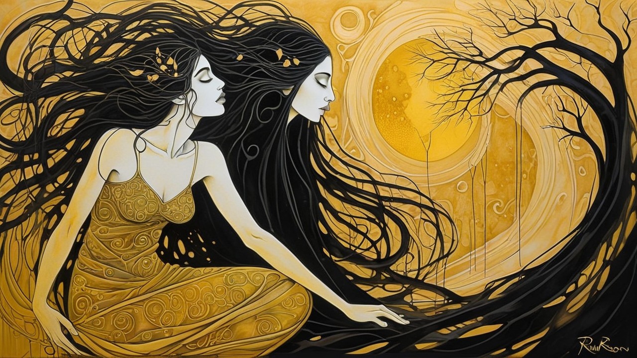 Ethereal Figures with Flowing Hair in Golden Setting