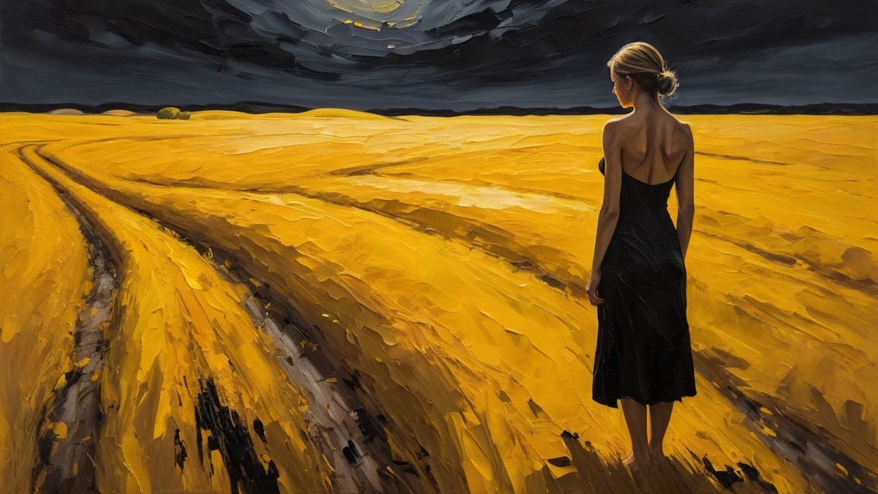 Solitary Figure on Winding Path in Golden Landscape