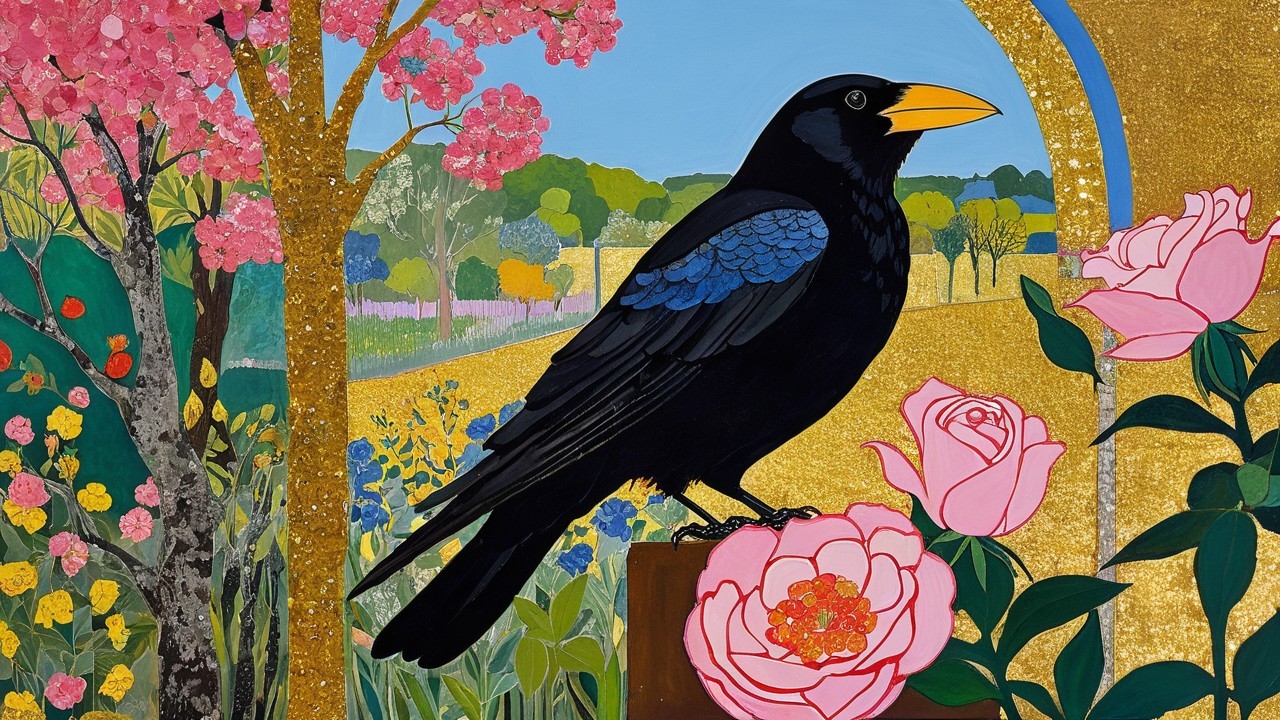 Vibrant Artwork of Black Bird Among Pink Roses