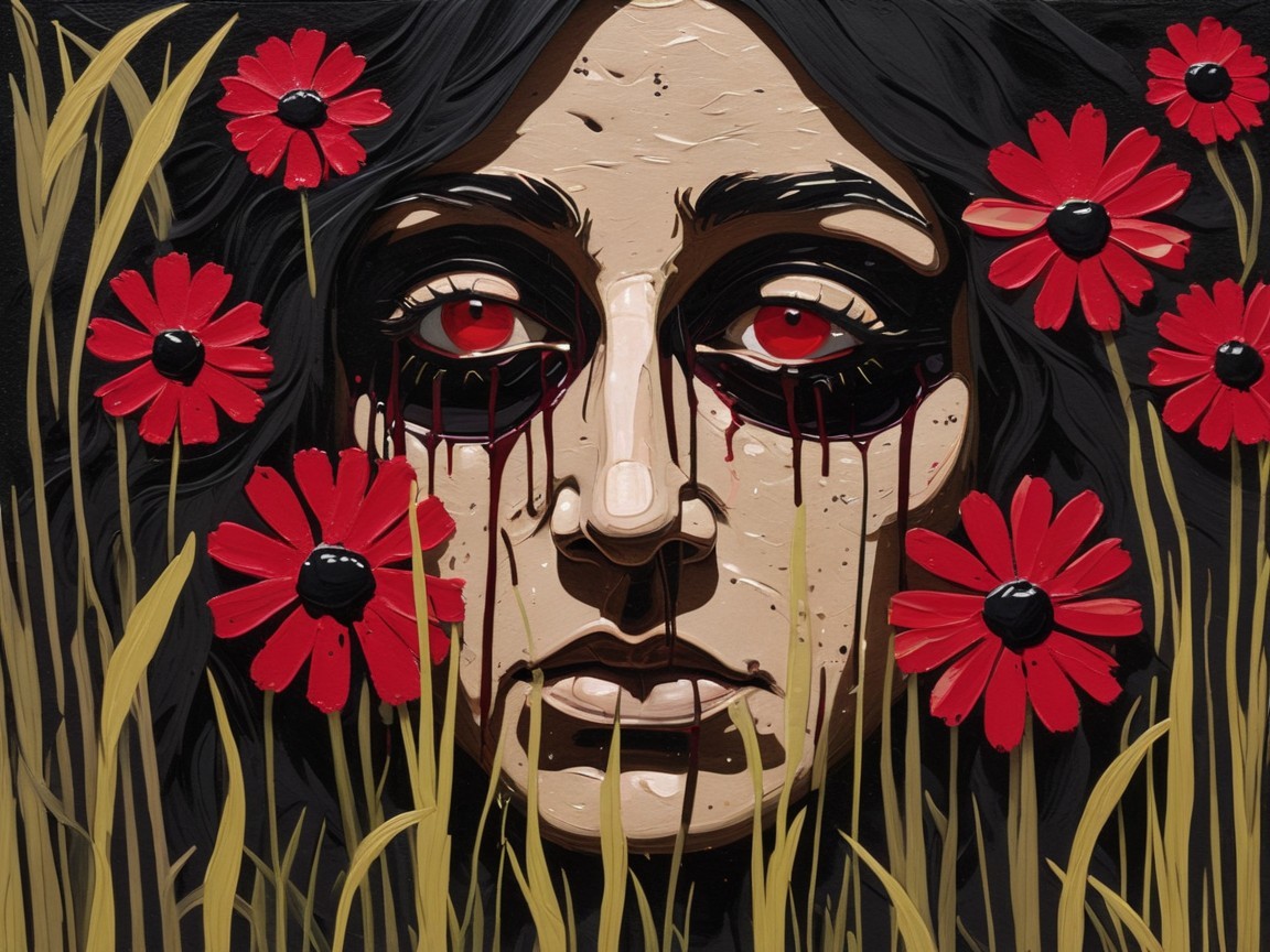 Haunting Portrait of a Woman with Red Eyes and Flowers