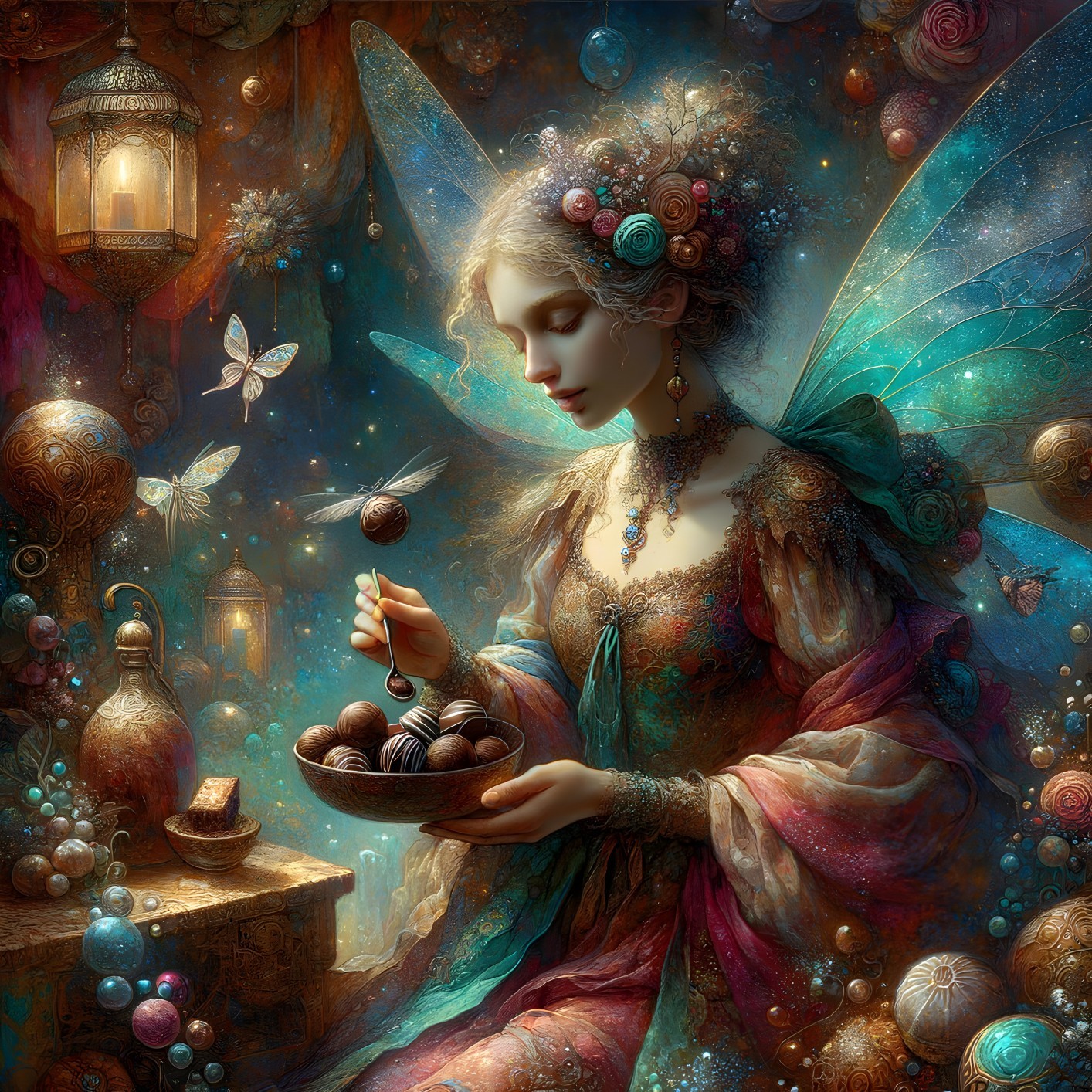 Winged fairy with orbs in mystical fantasy scene