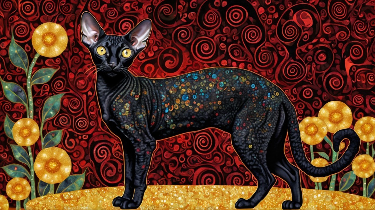 Black Cat with Yellow Eyes Against Red Background