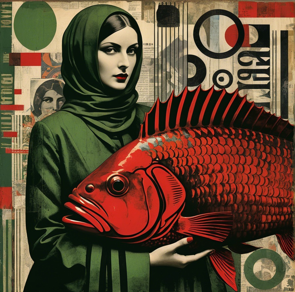 Woman in Green Cloak Holding Vibrant Red Fish