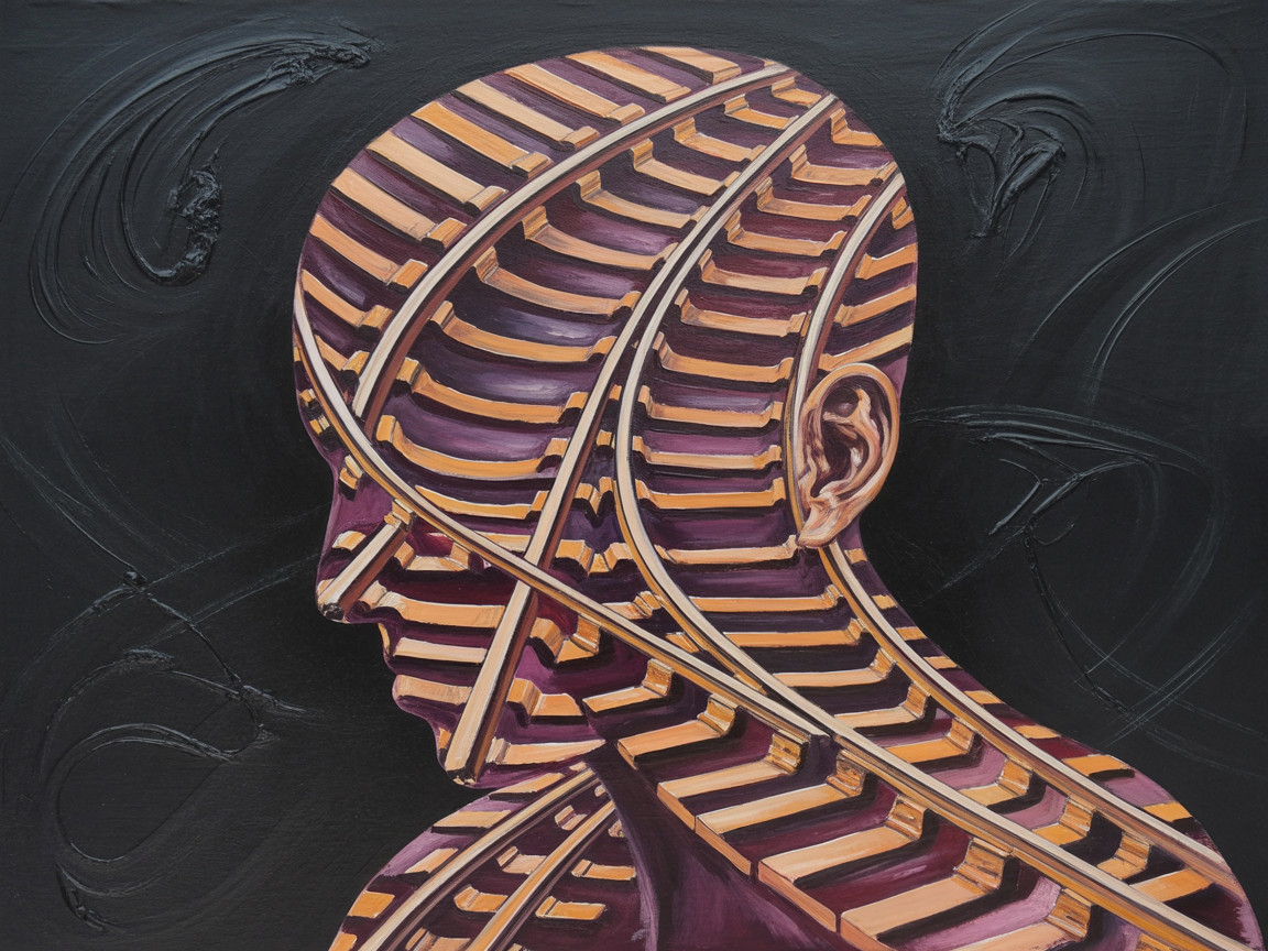 Stylized Human Head with Intricate Railway Patterns
