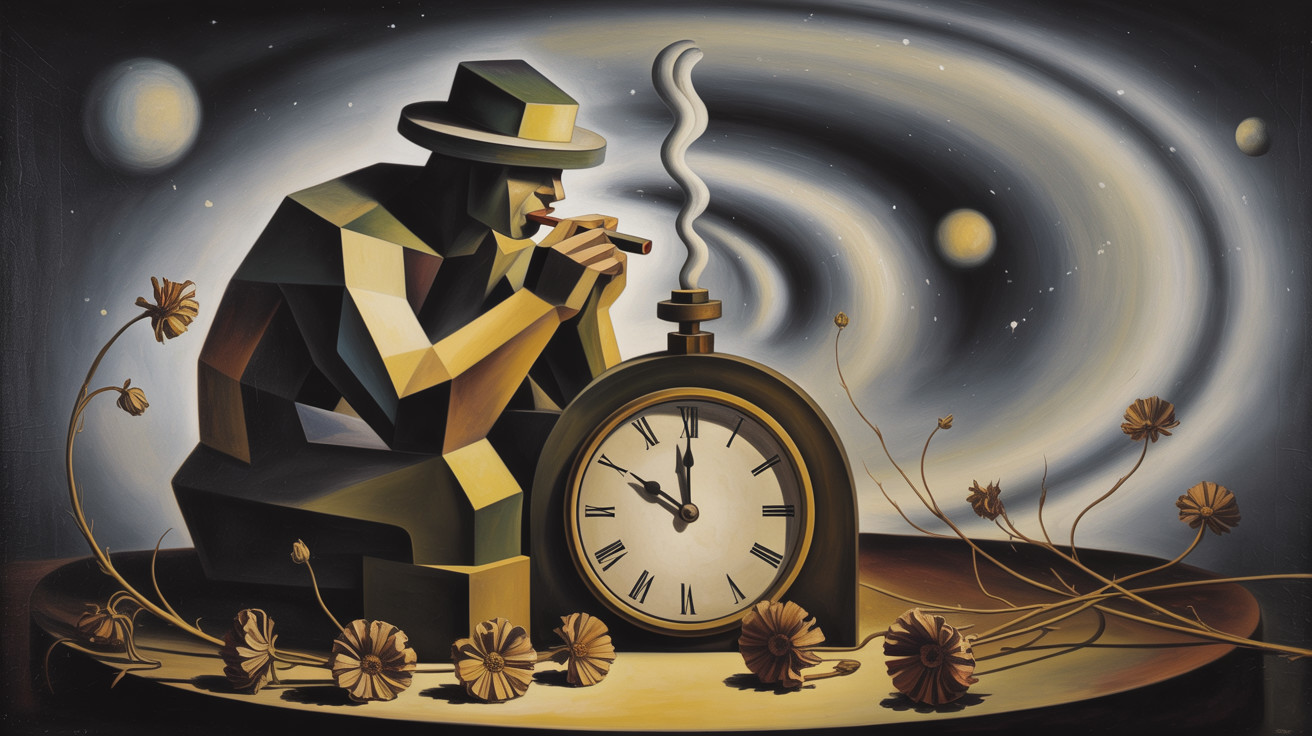 Stylized Figure in Thought Beside a Large Clock