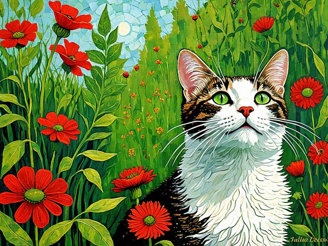 Colorful Painting of a Cat in Nature with Green Eyes