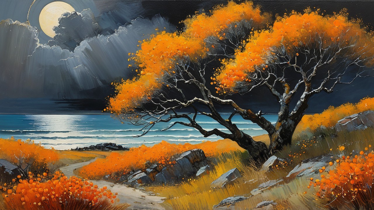Twisted Tree with Orange Foliage in Dramatic Landscape