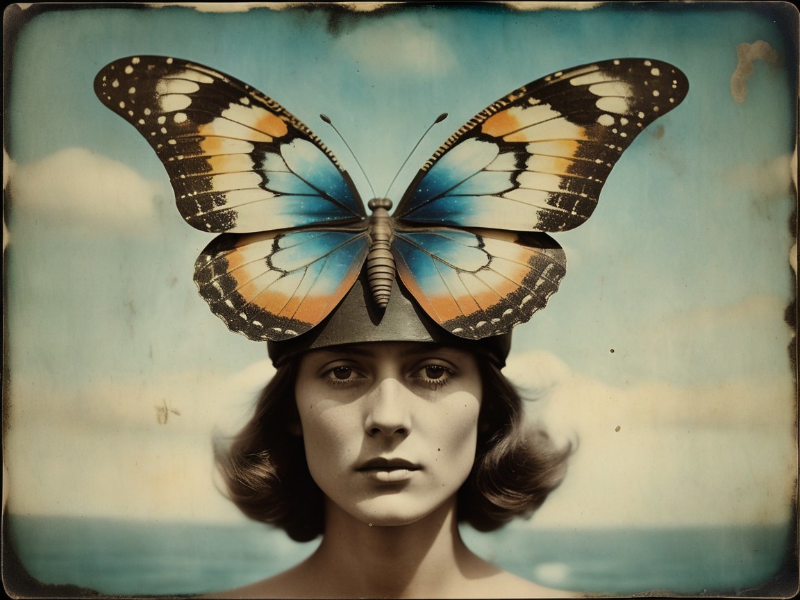 Surreal portrait of a woman with a butterfly on her head