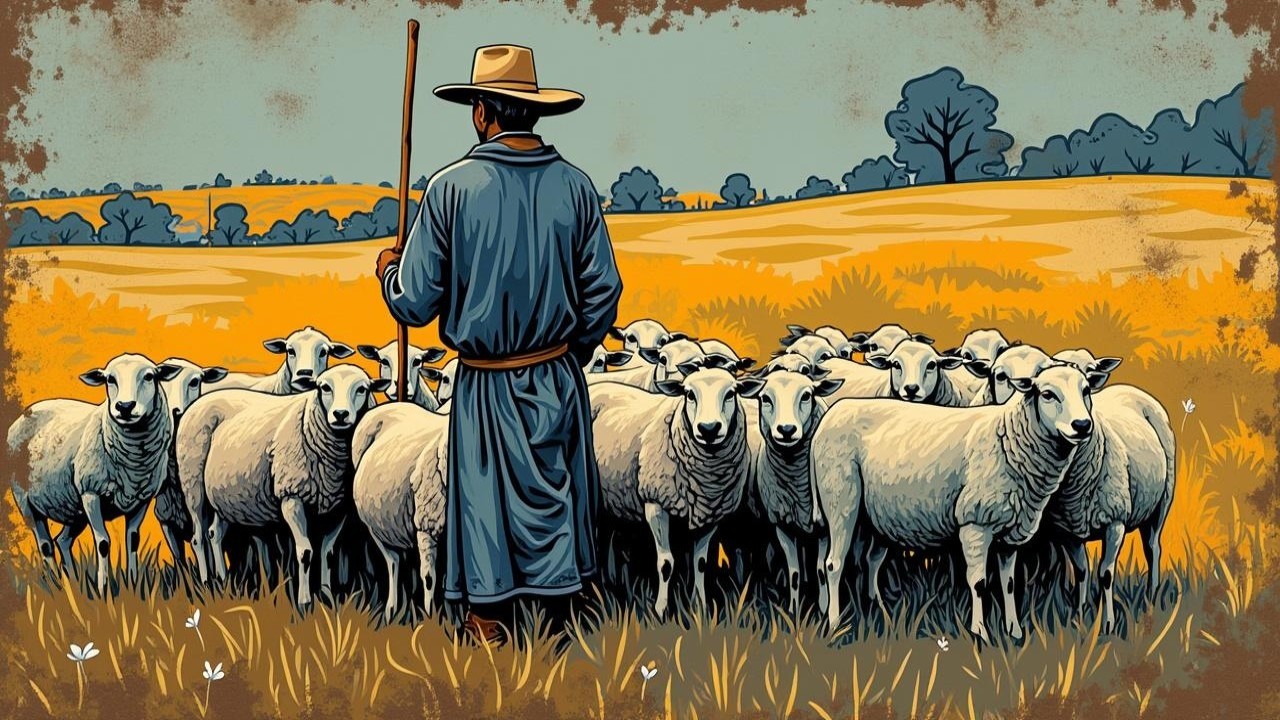 Shepherd Guiding Sheep in Golden Pasture Landscape