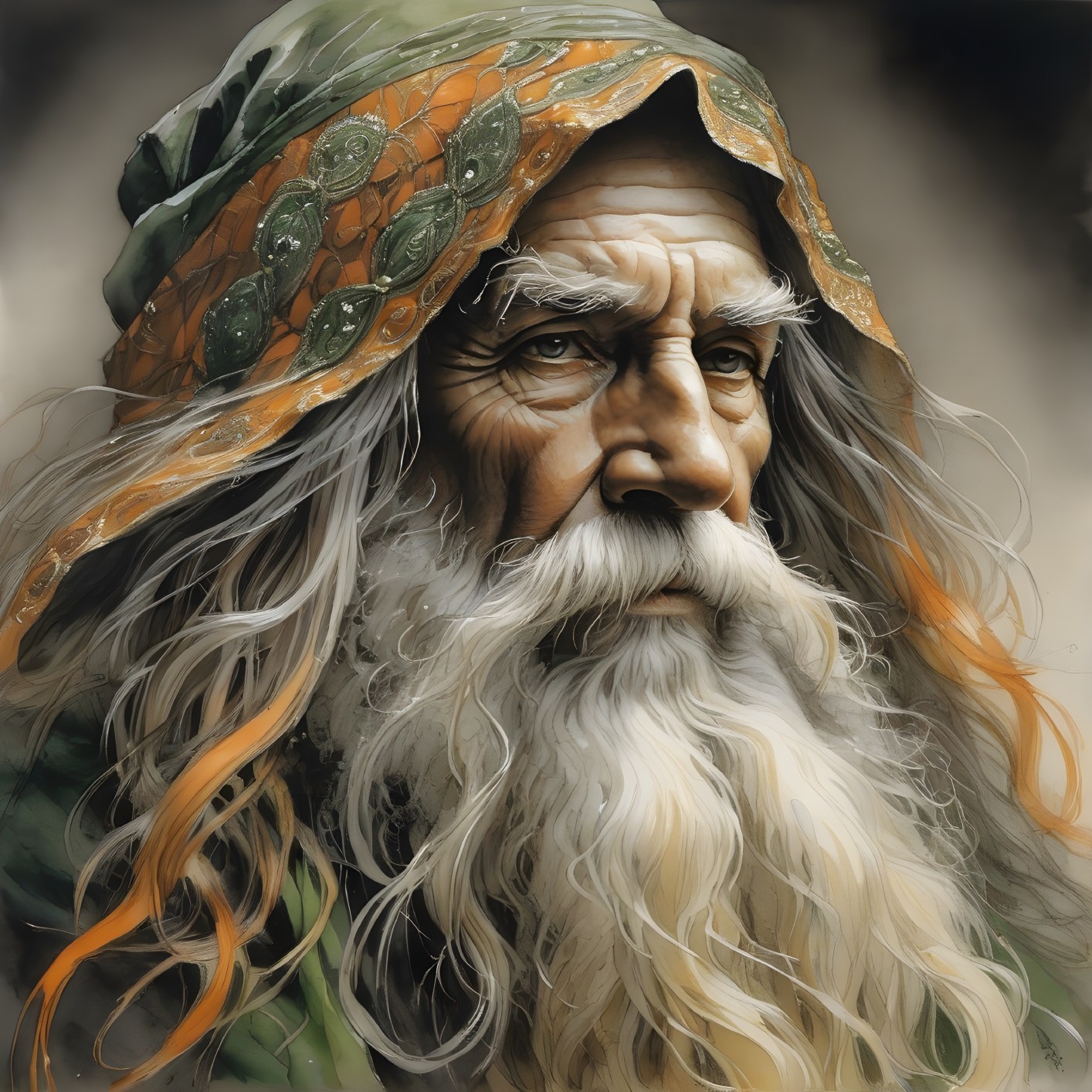 Elderly bearded man in green and orange turban illustration