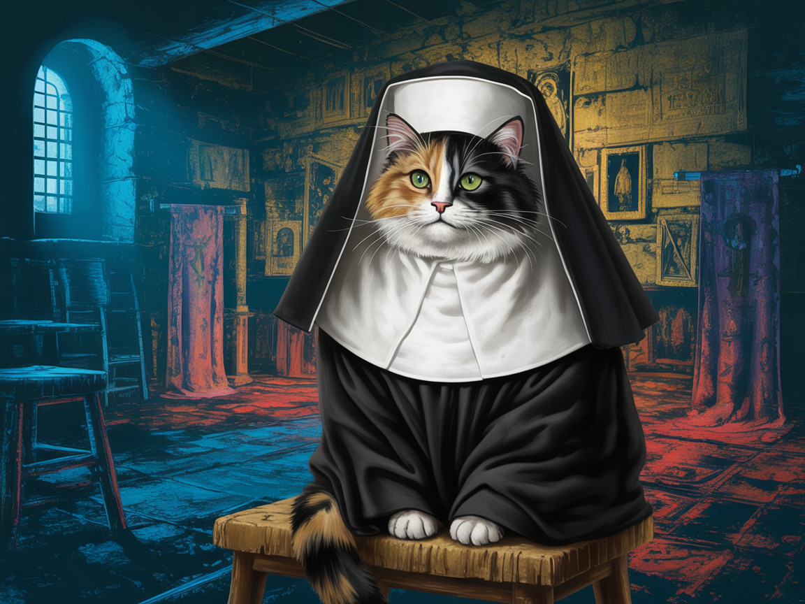 Calico Cat in Nun's Habit in Rustic Chapel Setting