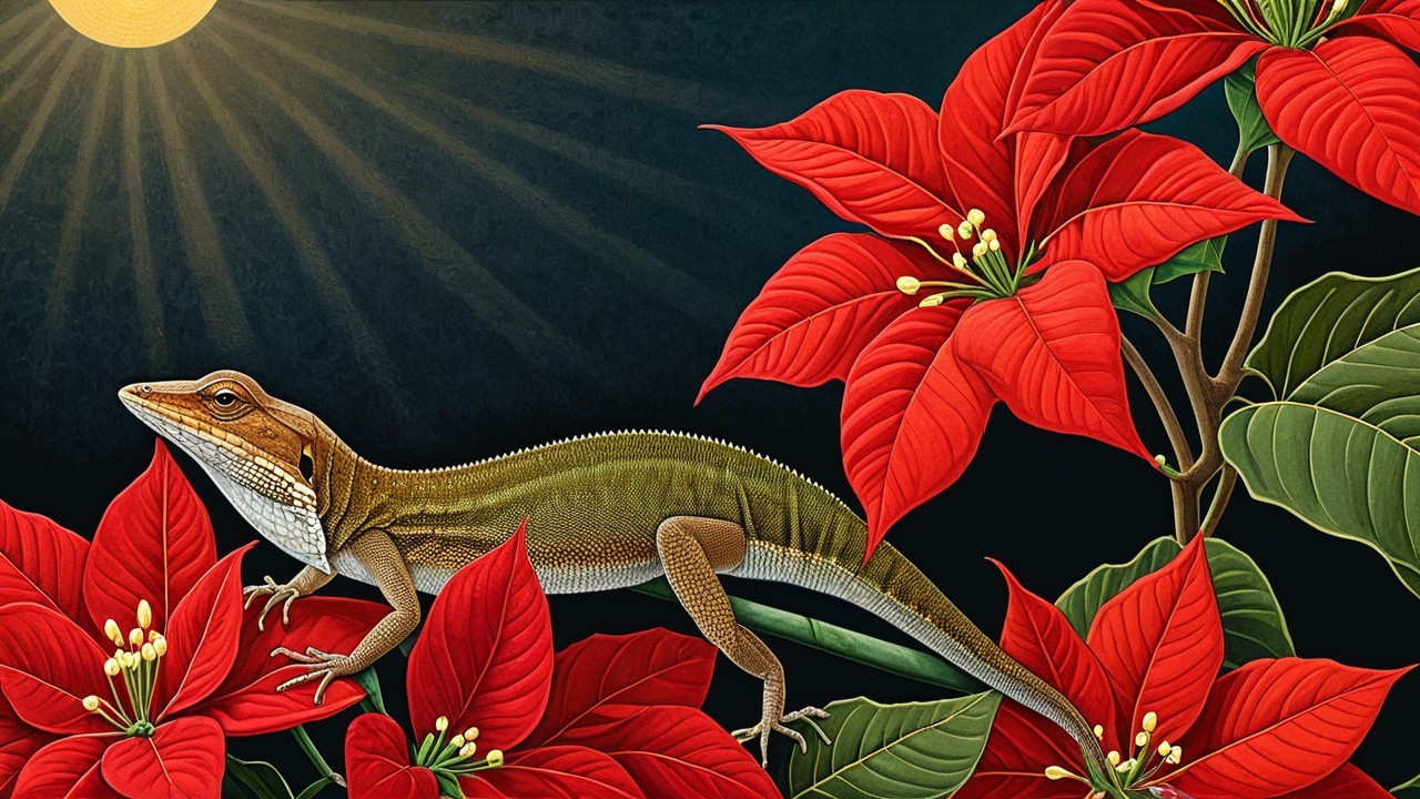Green Lizard on Red Poinsettia Flowers Under Sunlight