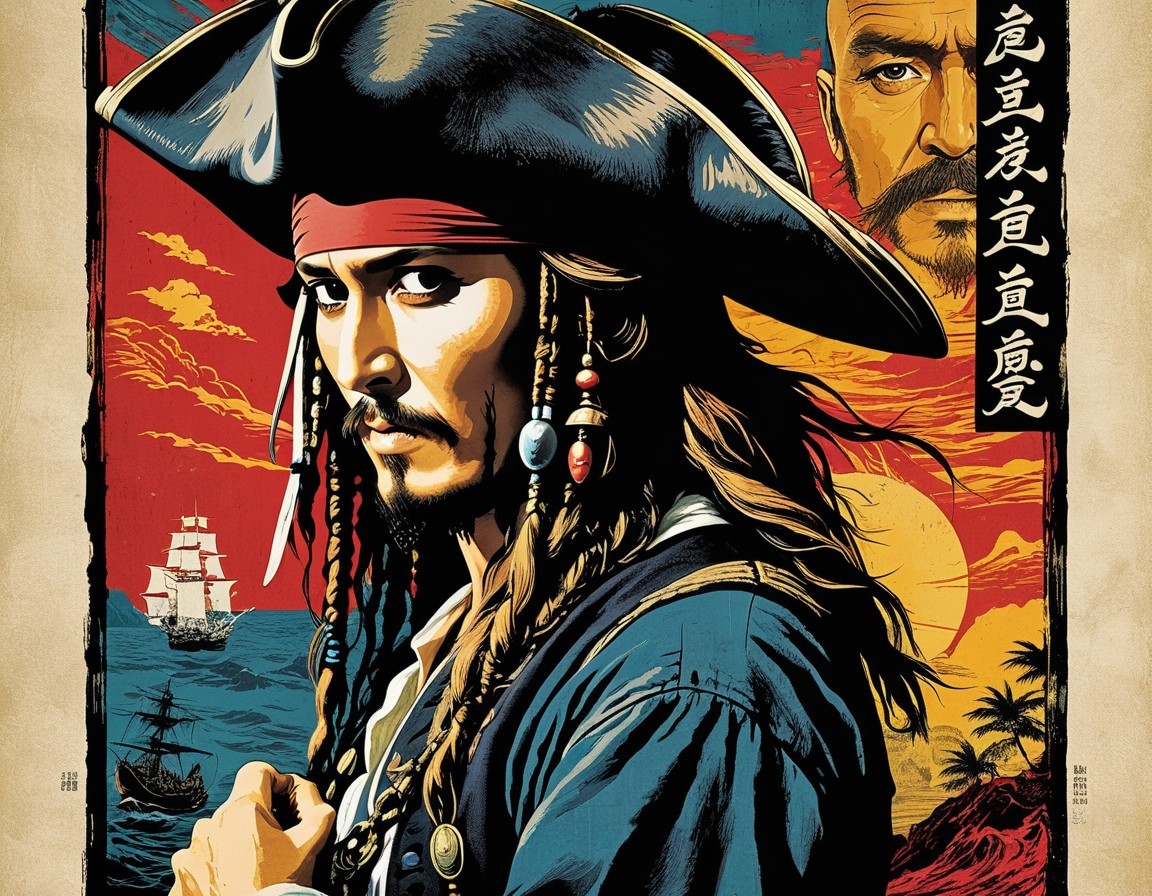 Dramatic Pirate Illustration with Sunset Background
